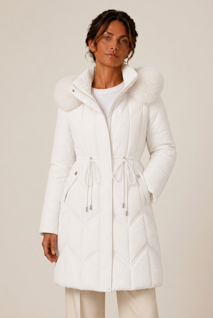 Women's longline quilted puffer jacket with faux fur trimmed hood and drawstring waist - view 10