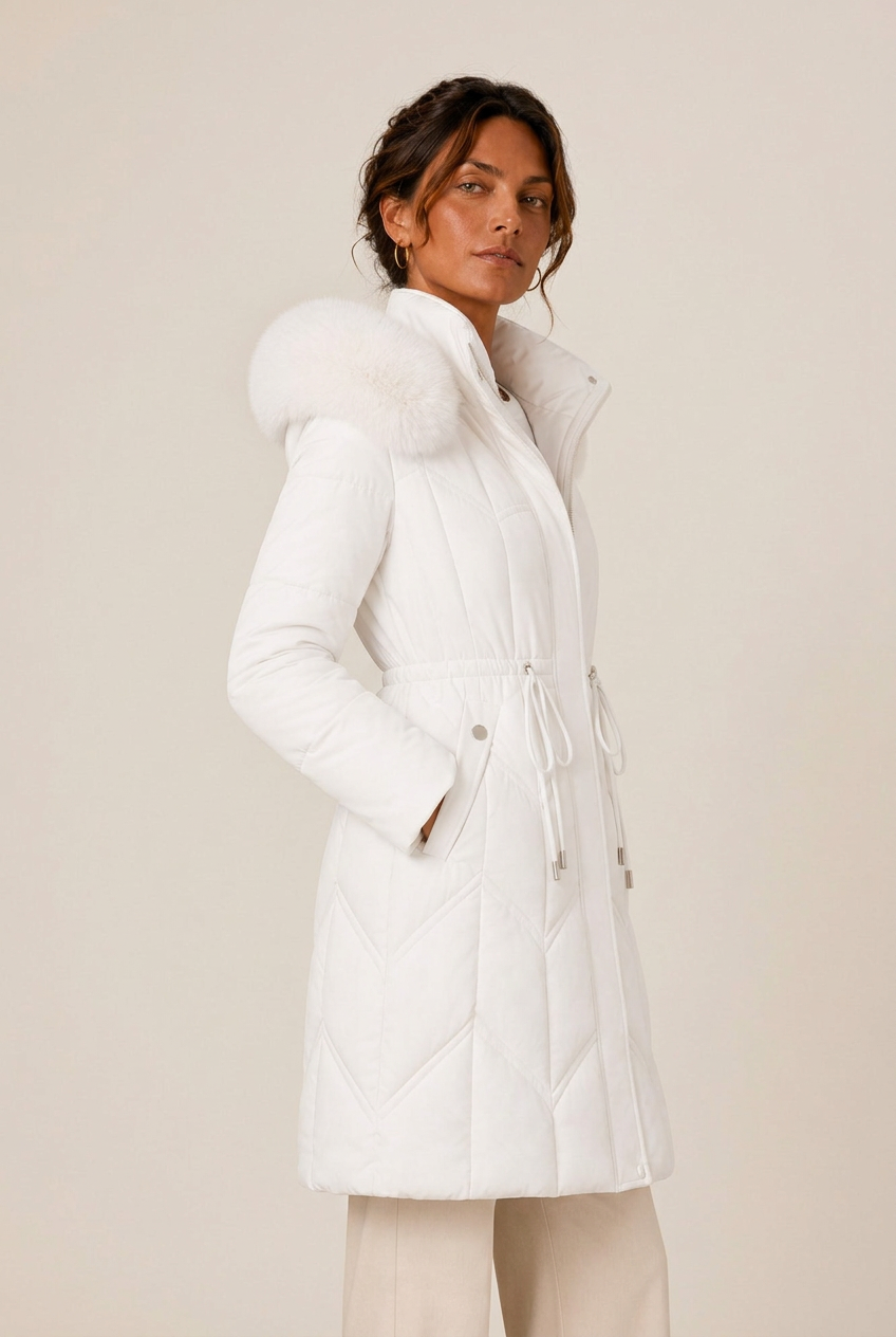 Women's longline quilted puffer jacket with faux fur trimmed hood and drawstring waist - view 11