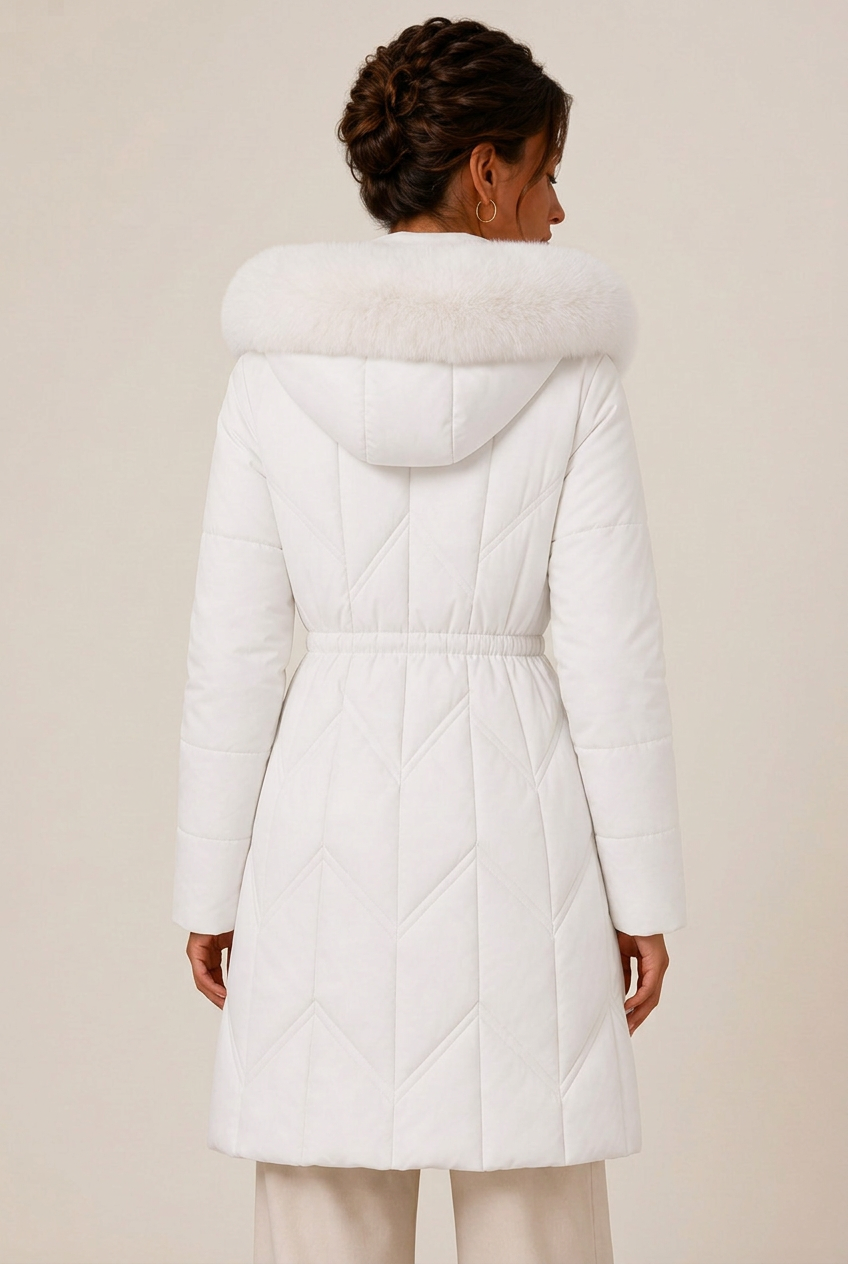 Women's longline quilted puffer jacket with faux fur trimmed hood and drawstring waist - view 12