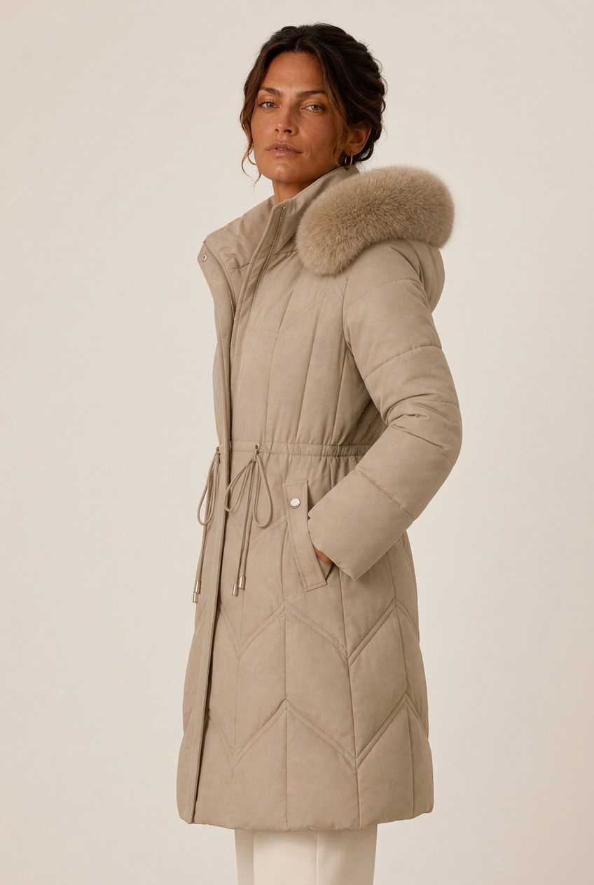 Women's longline quilted puffer jacket with faux fur trimmed hood and drawstring waist - view 2