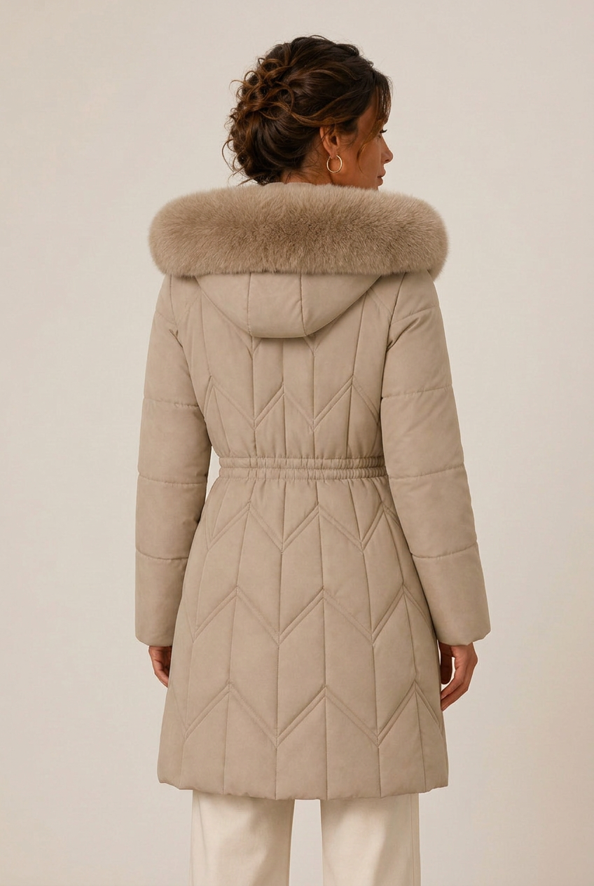 Women's longline quilted puffer jacket with faux fur trimmed hood and drawstring waist - view 3