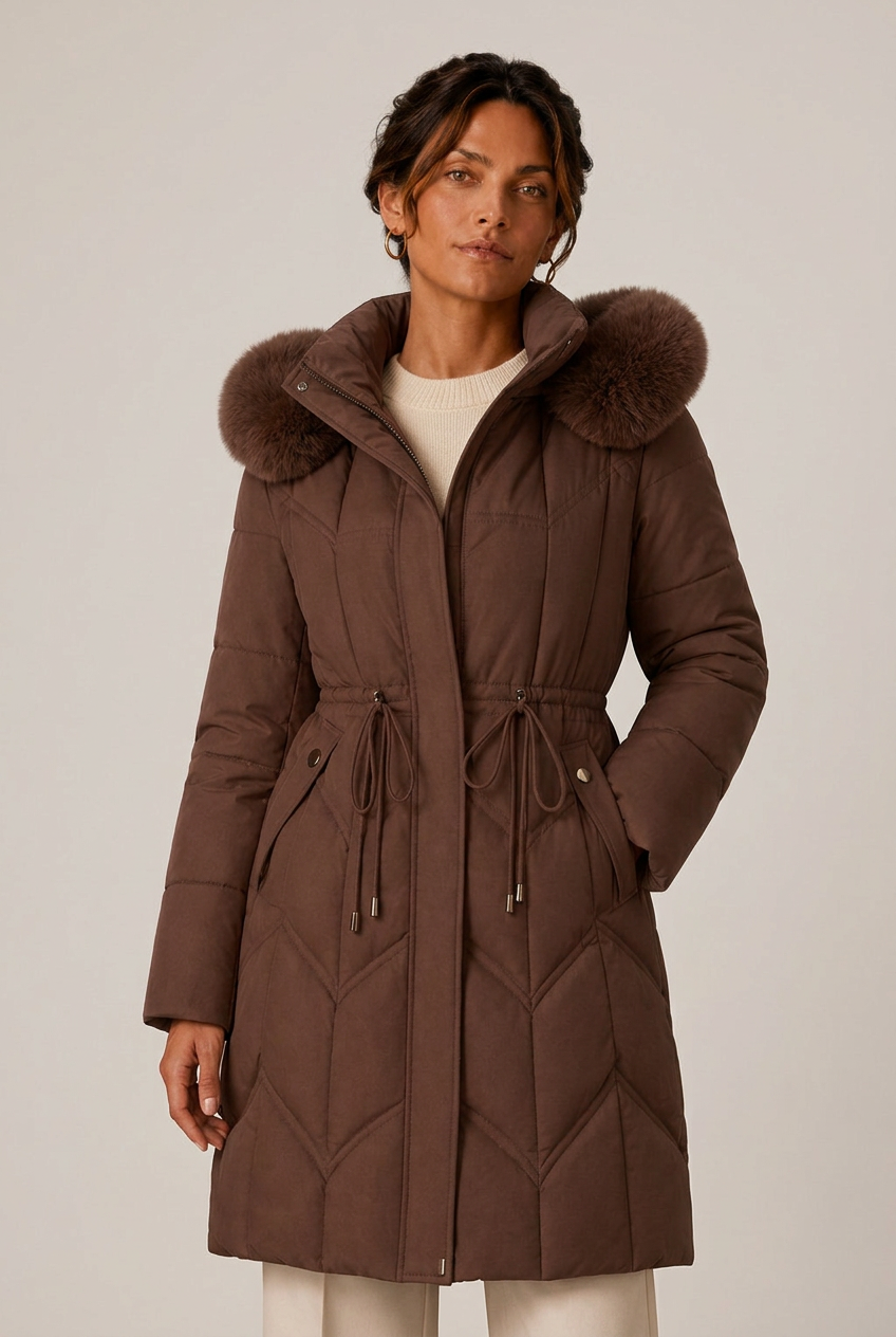 Women's longline quilted puffer jacket with faux fur trimmed hood and drawstring waist - view 4