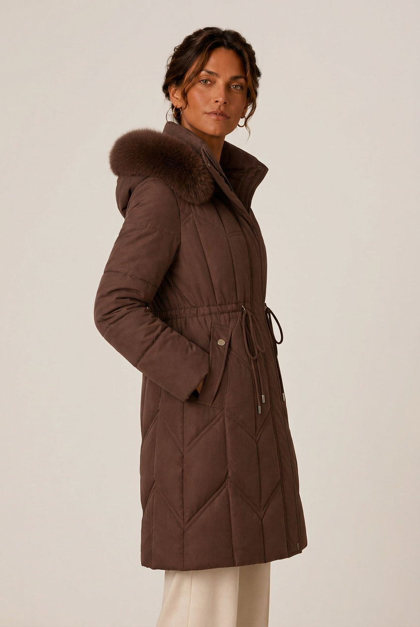 Women's longline quilted puffer jacket with faux fur trimmed hood and drawstring waist - view 5
