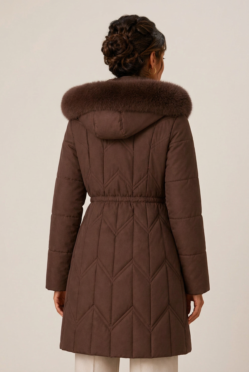 Women's longline quilted puffer jacket with faux fur trimmed hood and drawstring waist - view 6
