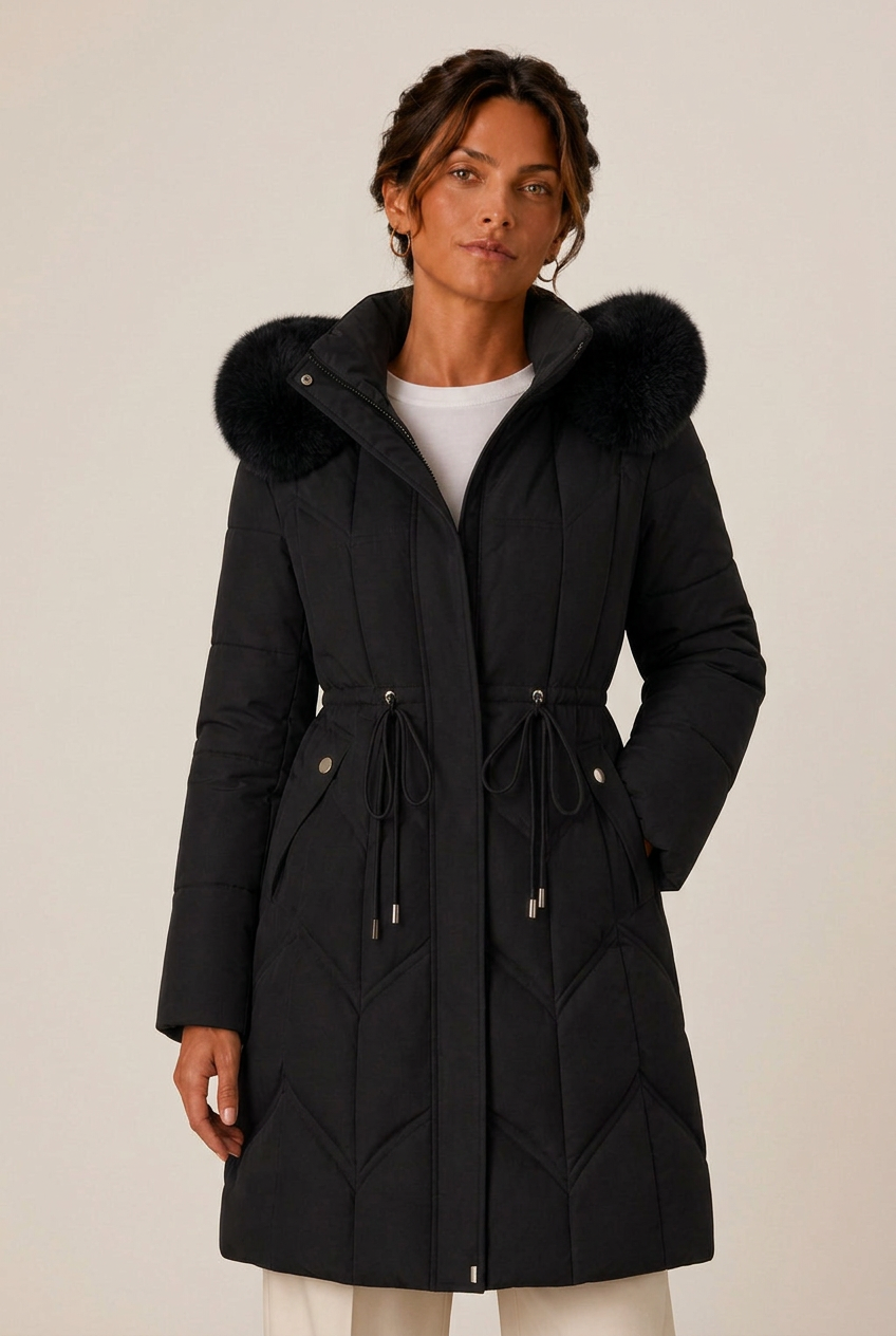 Women's longline quilted puffer jacket with faux fur trimmed hood and drawstring waist - view 7