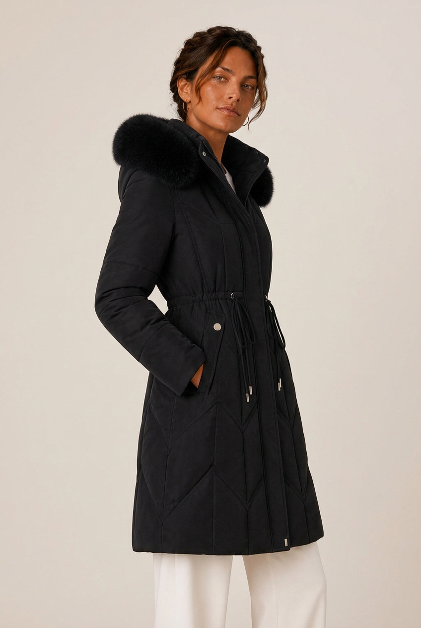 Women's longline quilted puffer jacket with faux fur trimmed hood and drawstring waist - view 8
