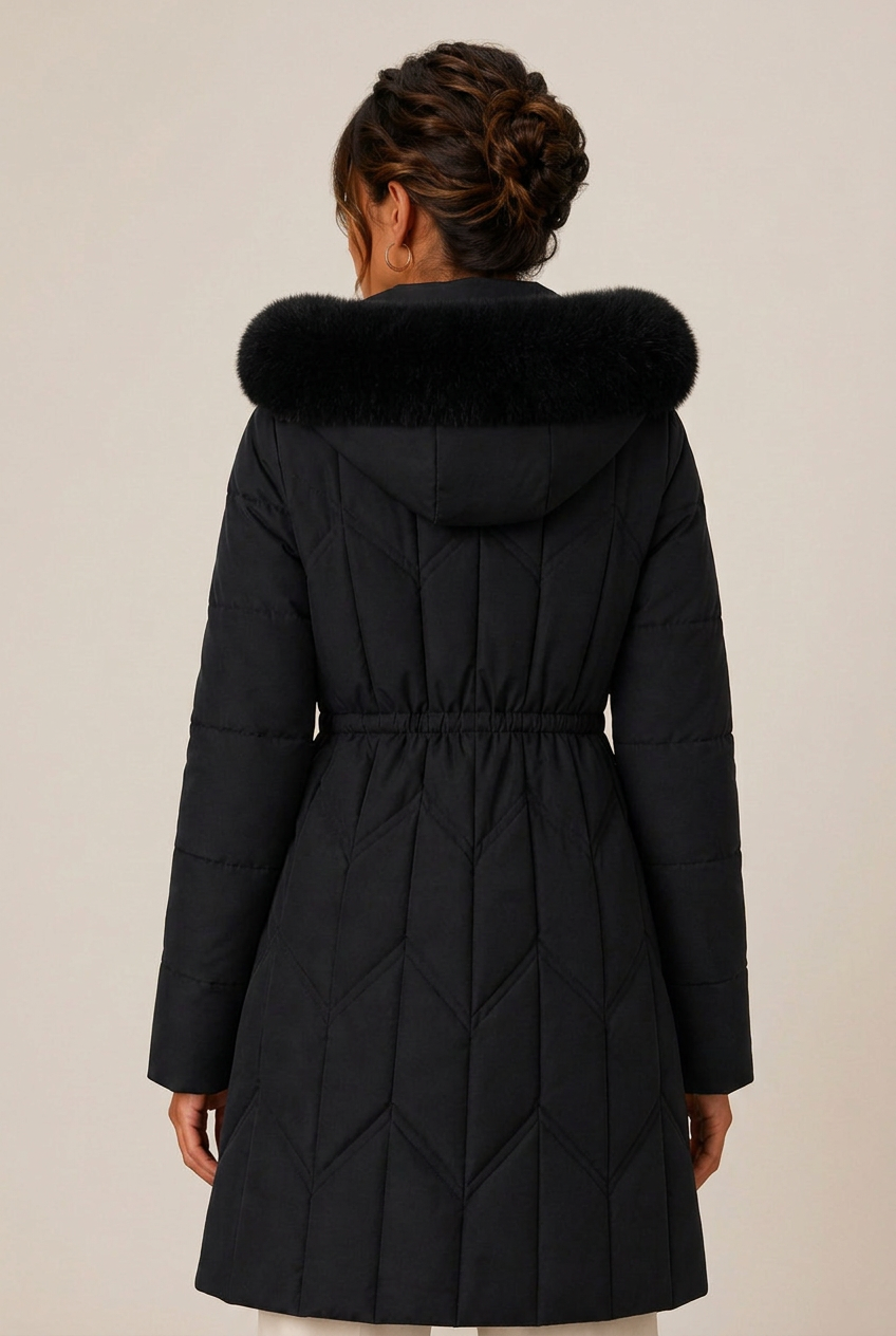 Women's longline quilted puffer jacket with faux fur trimmed hood and drawstring waist - view 9