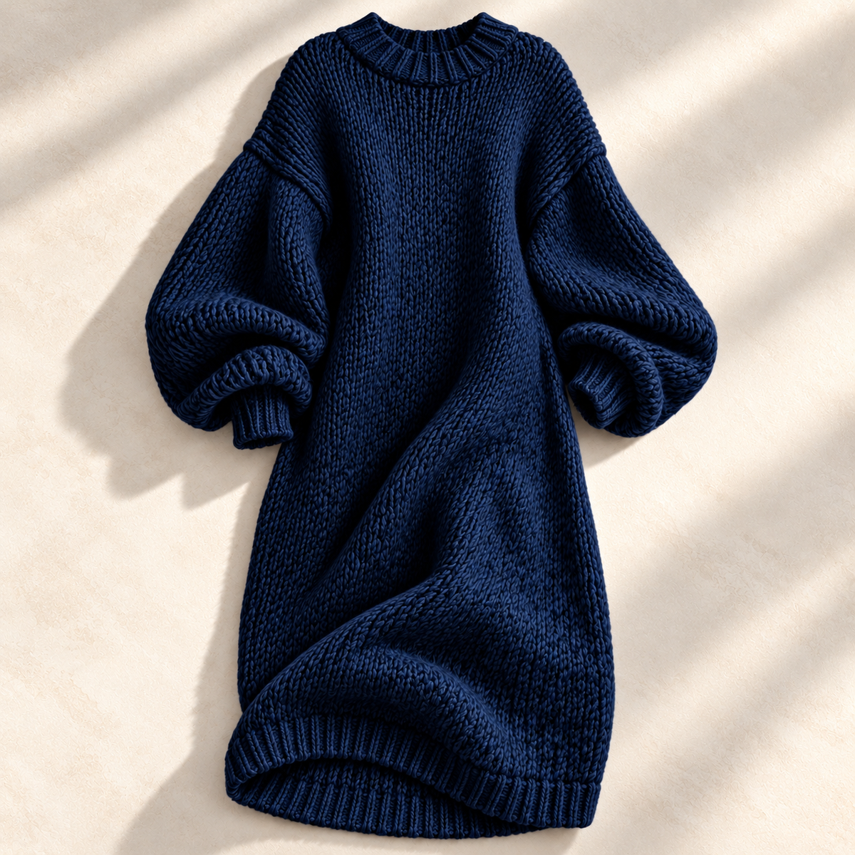 Chunky knit lantern sleeve sweater dress with ribbed crew neck in midi length - view 11