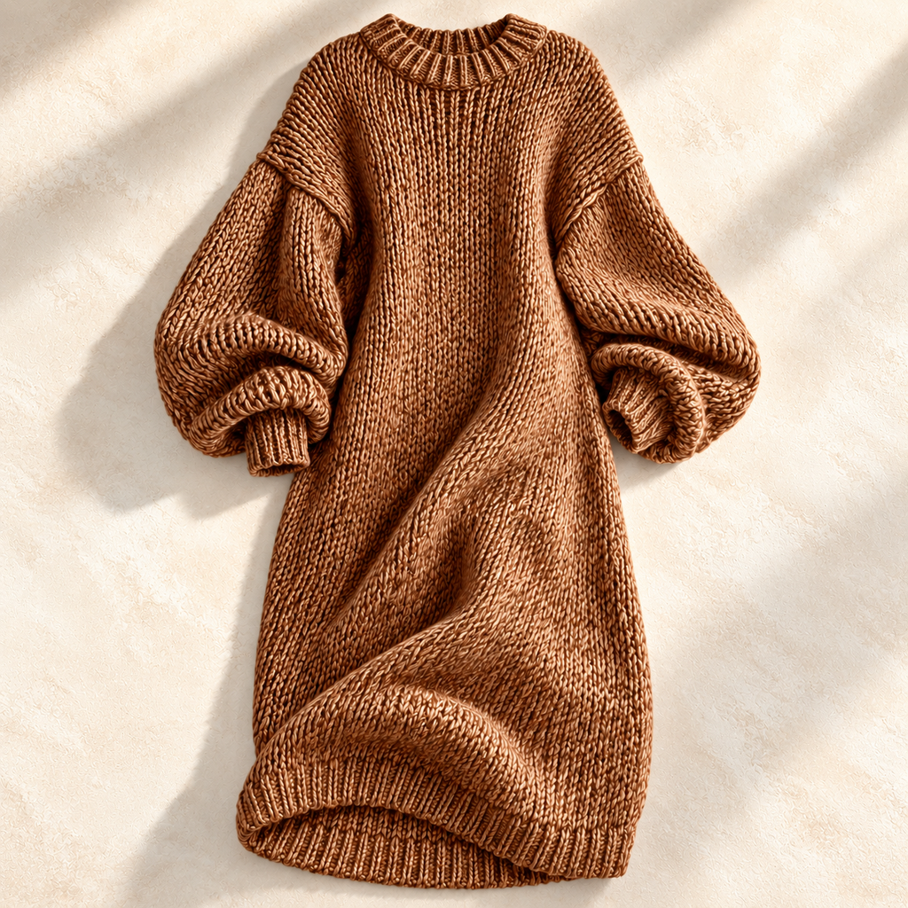 Chunky knit lantern sleeve sweater dress with ribbed crew neck in midi length - view 2