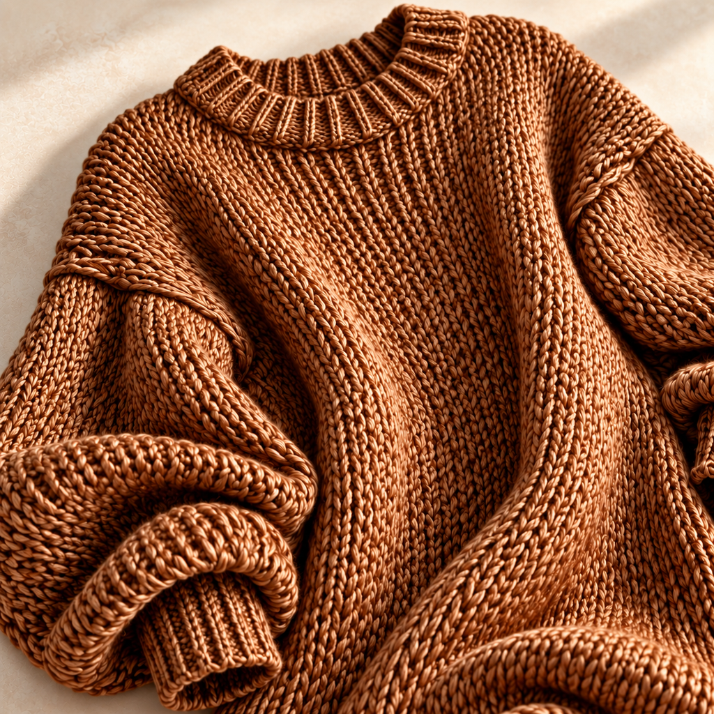 Chunky knit lantern sleeve sweater dress with ribbed crew neck in midi length - view 3