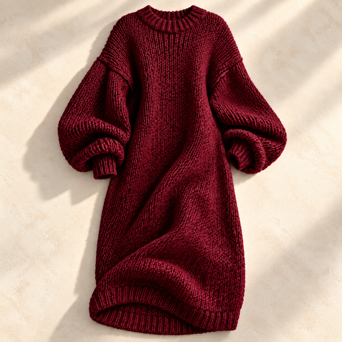 Chunky knit lantern sleeve sweater dress with ribbed crew neck in midi length - view 5