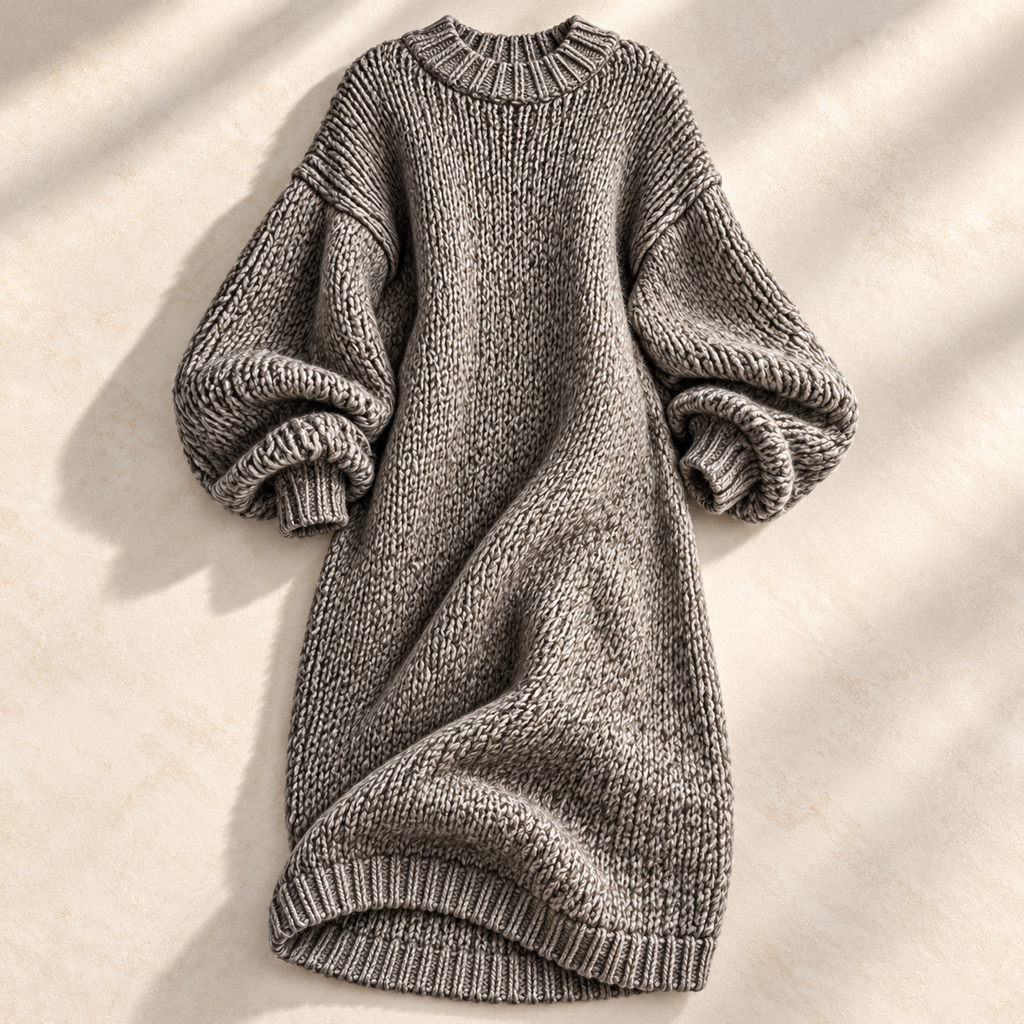 Chunky knit lantern sleeve sweater dress with ribbed crew neck in midi length - view 8