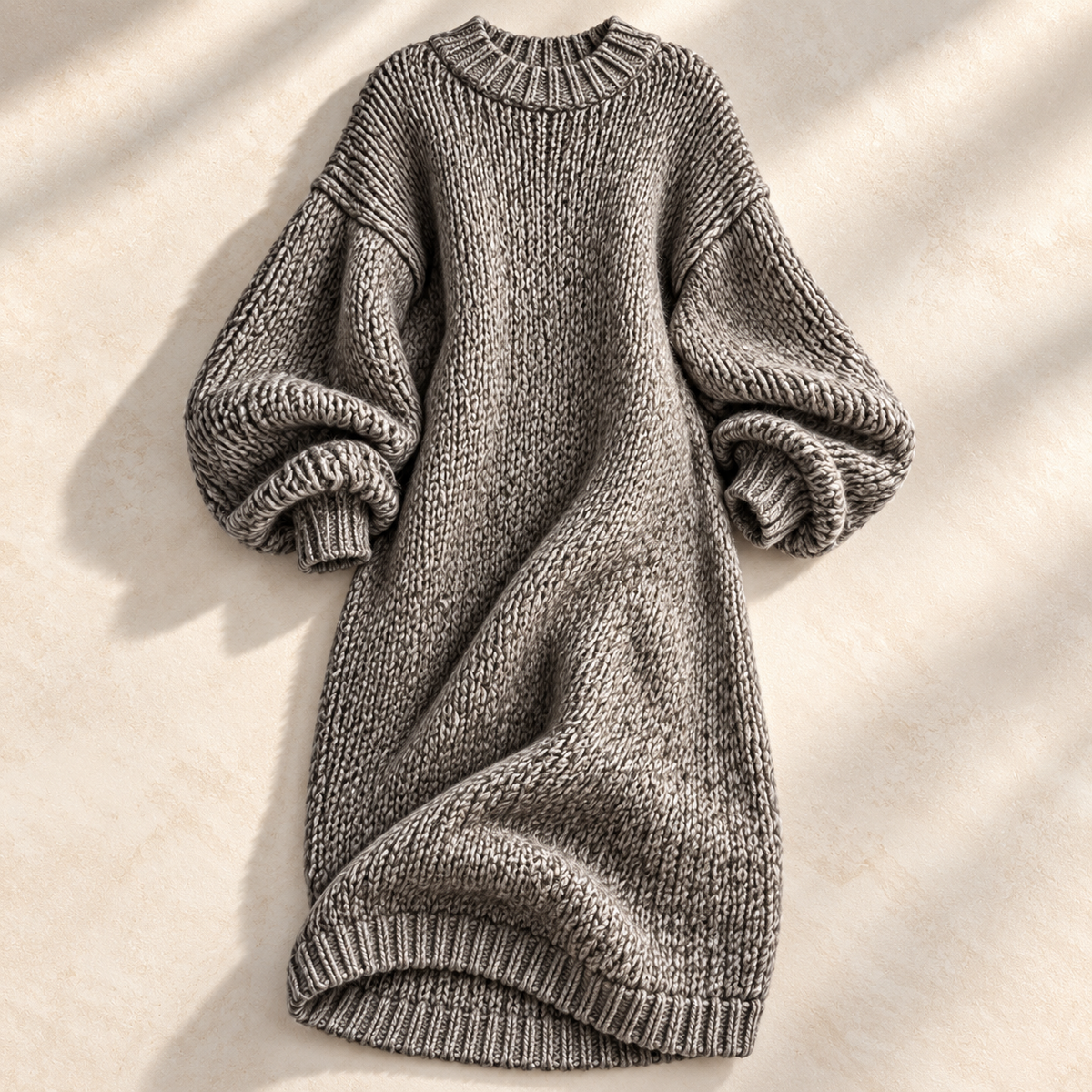 Chunky knit lantern sleeve sweater dress with ribbed crew neck in midi length - view 8