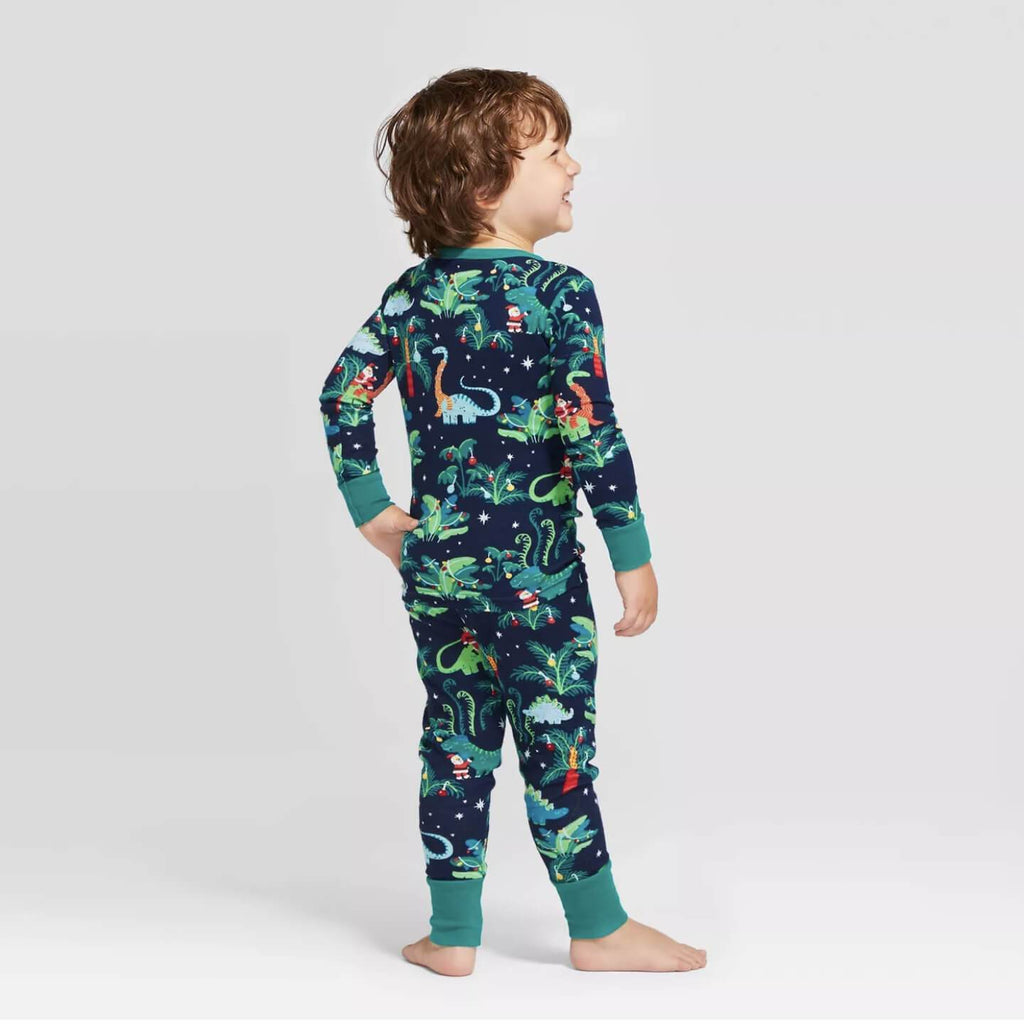 Matching family Christmas pajamas with dinosaur print on navy and teal ribbed cuffs - view 4