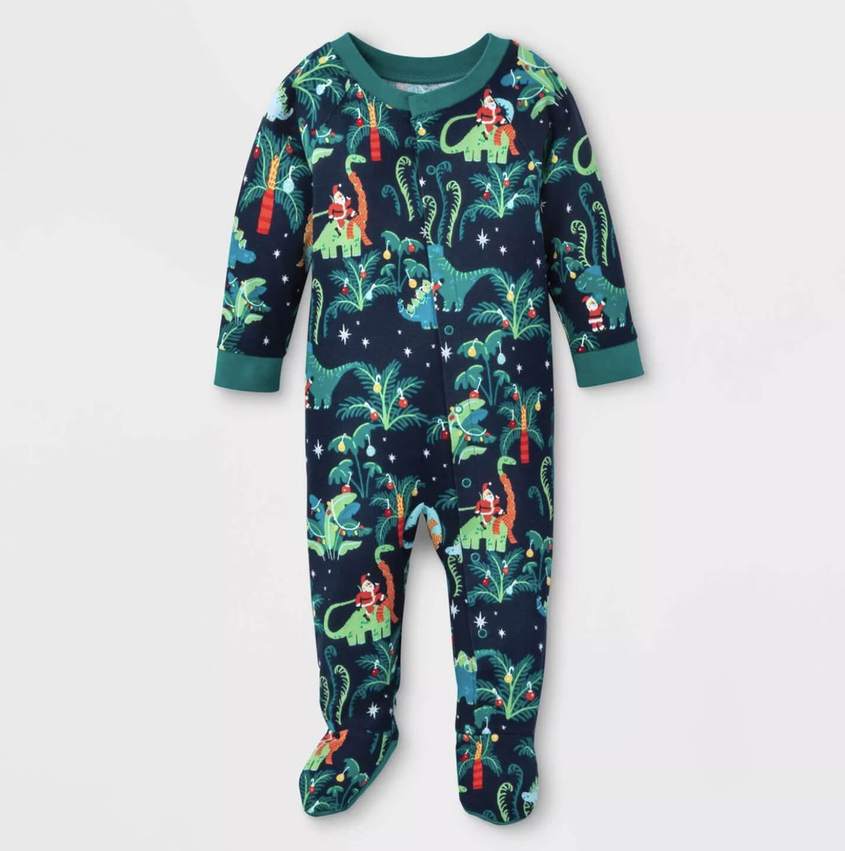 Matching family Christmas pajamas with dinosaur print on navy and teal ribbed cuffs - view 7