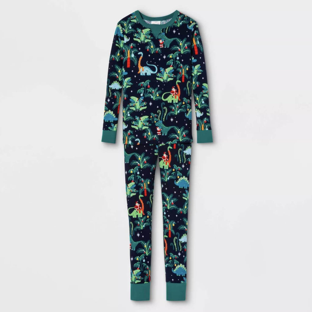 Matching family Christmas pajamas with dinosaur print on navy and teal ribbed cuffs - view 8