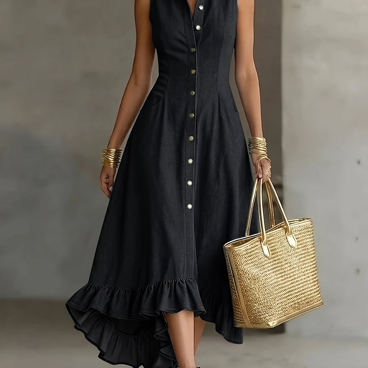 Hollis | Denim-Look Lapel Button-Up Midi Dress