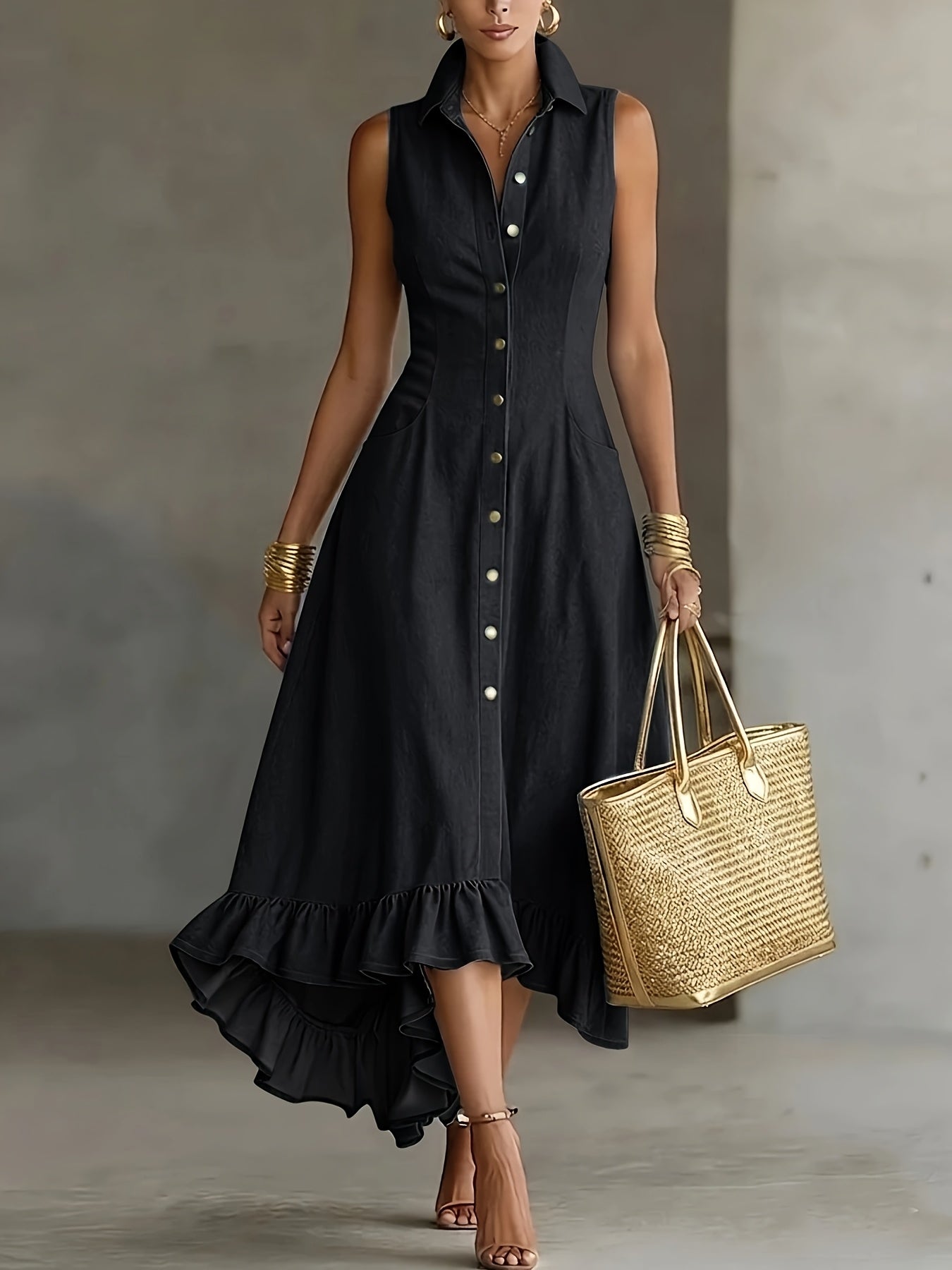Hollis | Denim-Look Lapel Button-Up Midi Dress