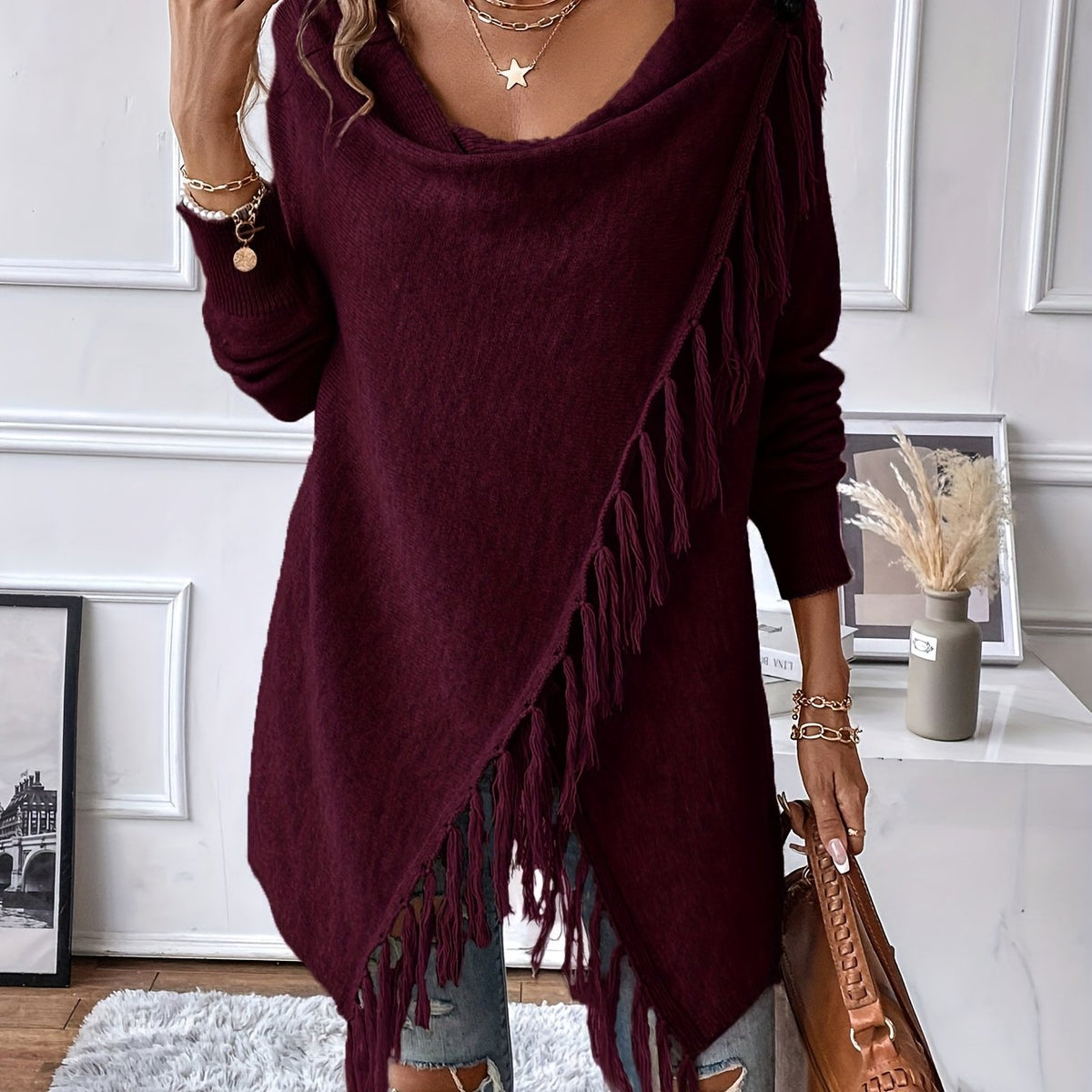 Seraphine | Fringed Draped Neck Shawl - view 13