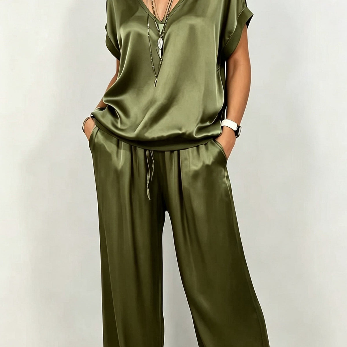 Wren | Satin V-Neck Top and Wide-Leg Pants Set