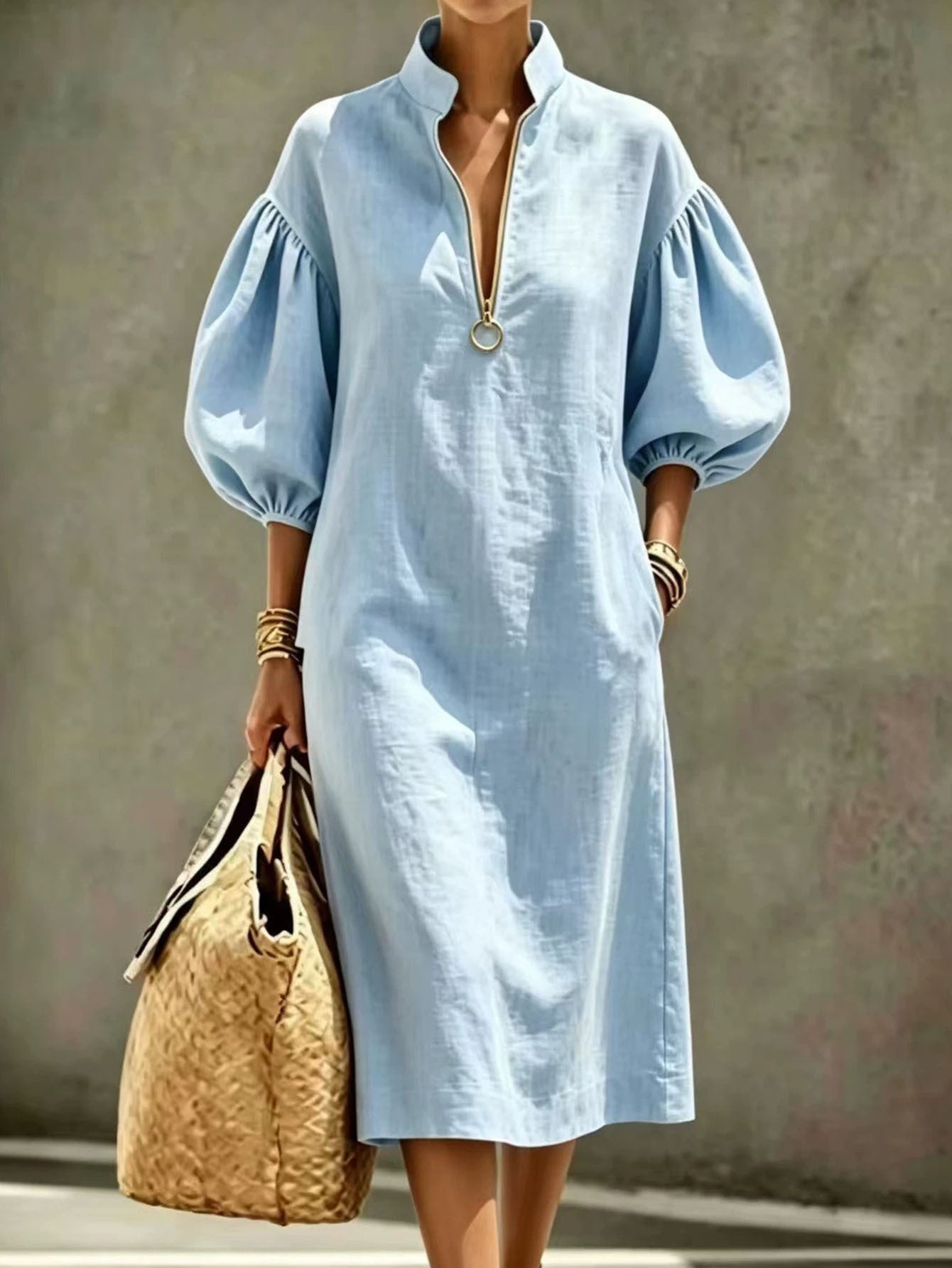 Palmer | Stand Collar Half-Zip Puff Sleeve Midi Dress