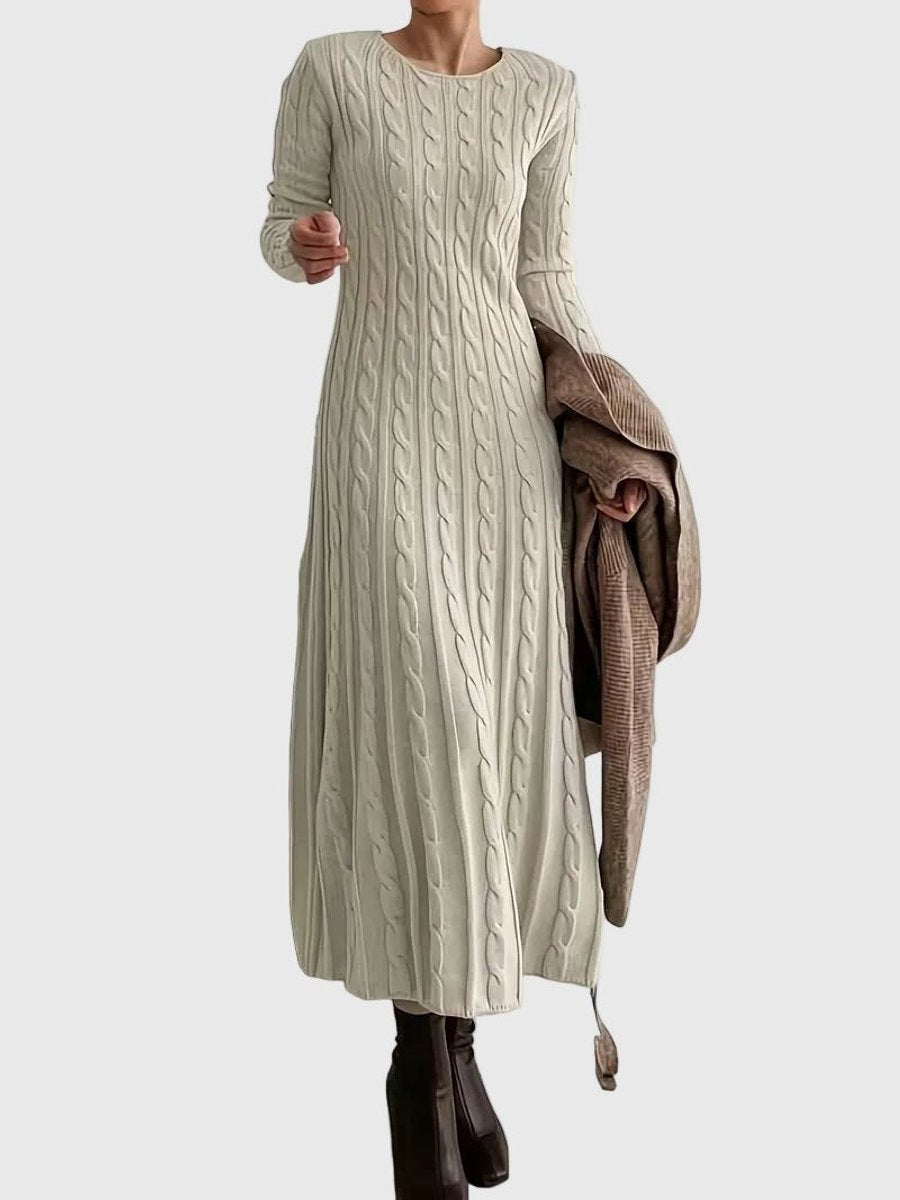 Cable knit crew neck sweater dress with long sleeves and flared skirt
