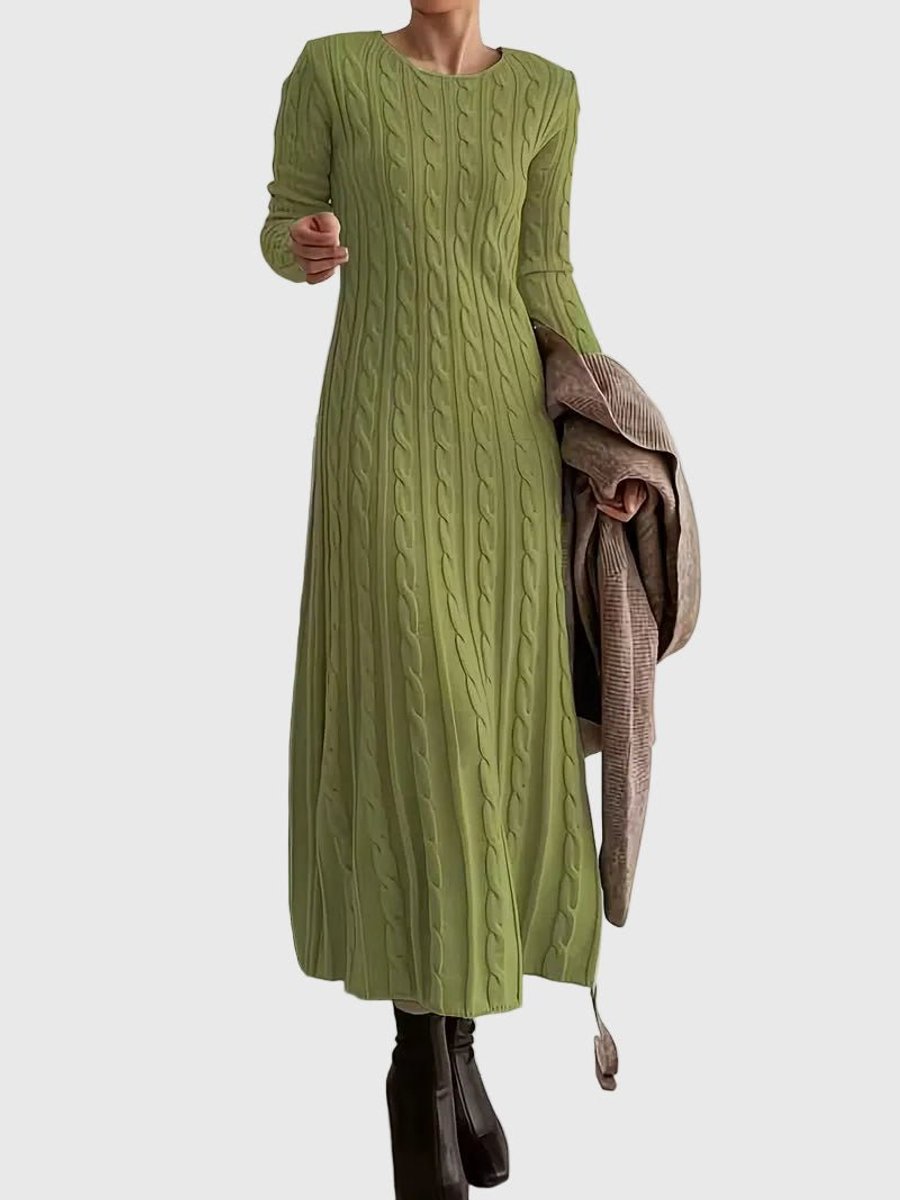 Cable knit crew neck sweater dress with long sleeves and flared skirt - view 2