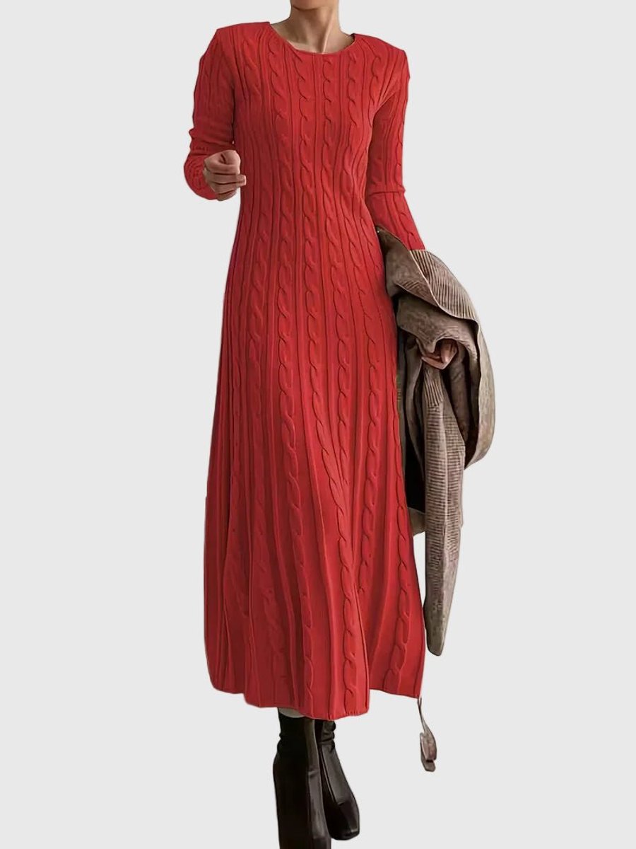 Cable knit crew neck sweater dress with long sleeves and flared skirt - view 3