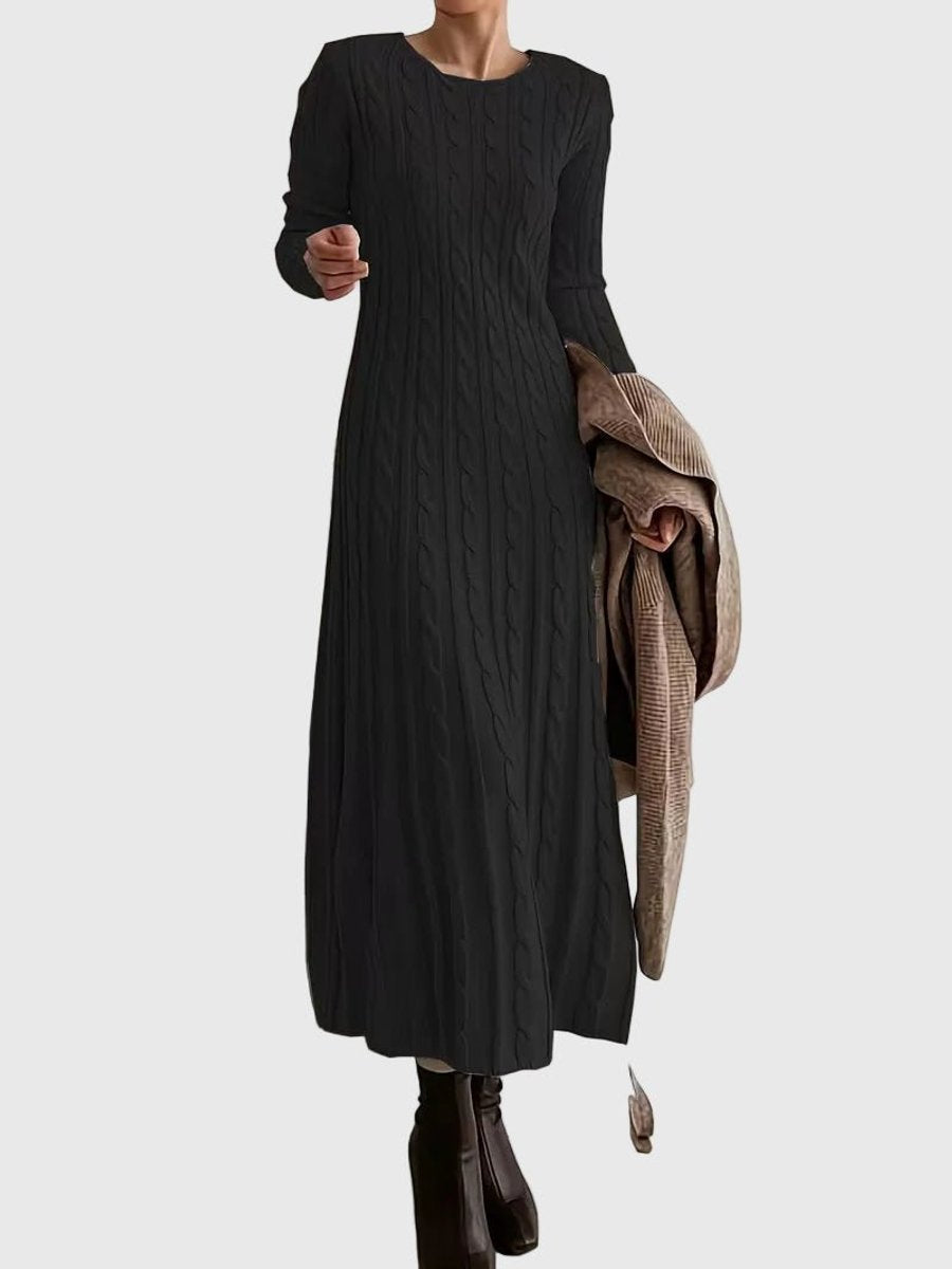 Cable knit crew neck sweater dress with long sleeves and flared skirt - view 4