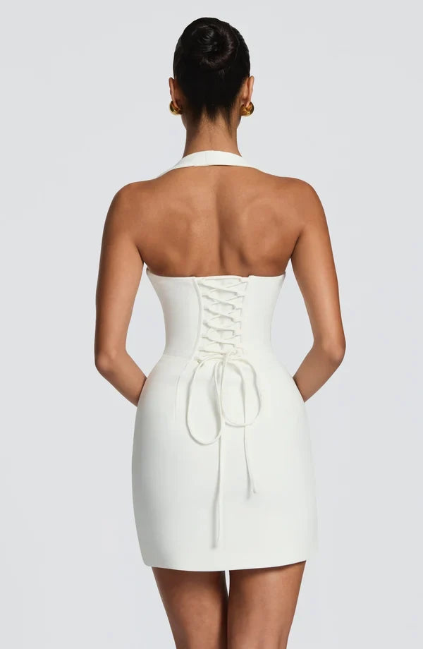 Formal fitted mini dress with halter strap and corset lace-up back - view 10