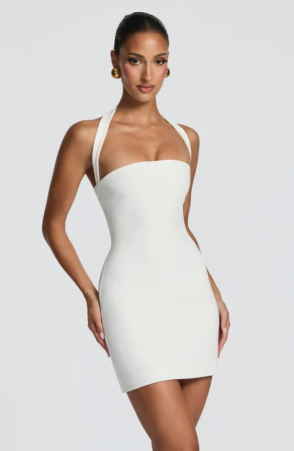 Formal fitted mini dress with halter strap and corset lace-up back - view 11