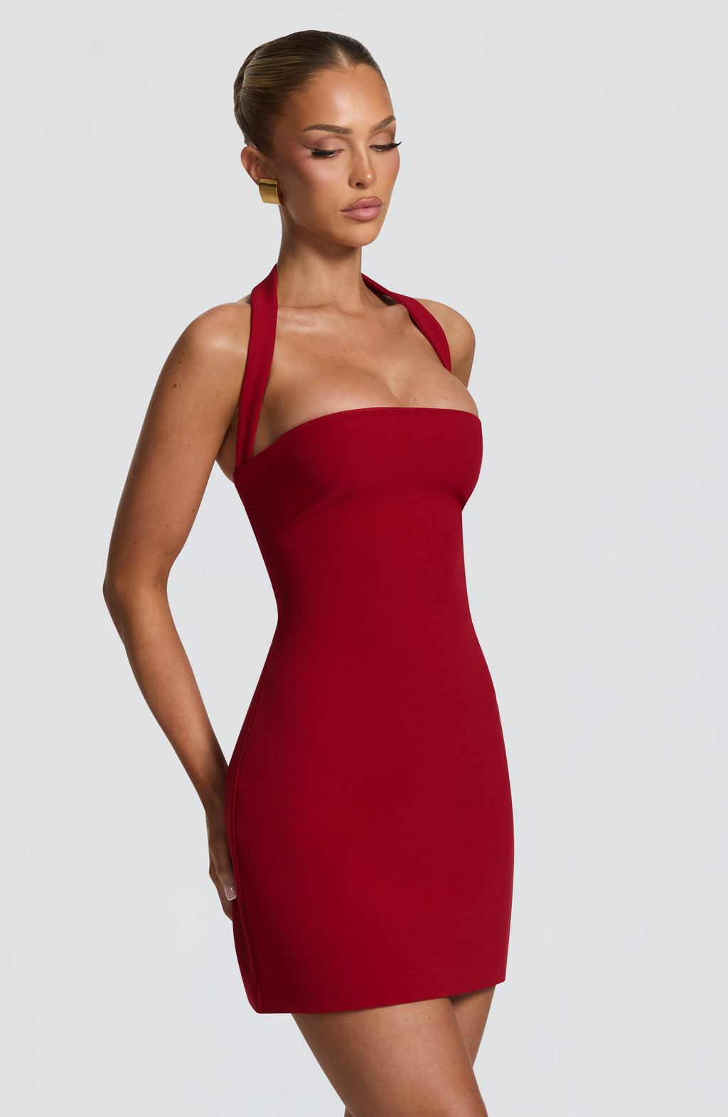 Formal fitted mini dress with halter strap and corset lace-up back - view 3