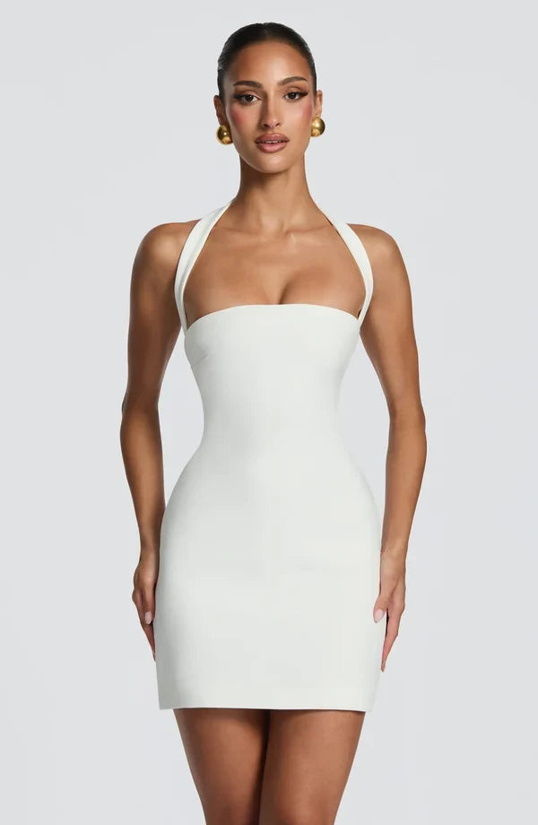 Formal fitted mini dress with halter strap and corset lace-up back - view 8