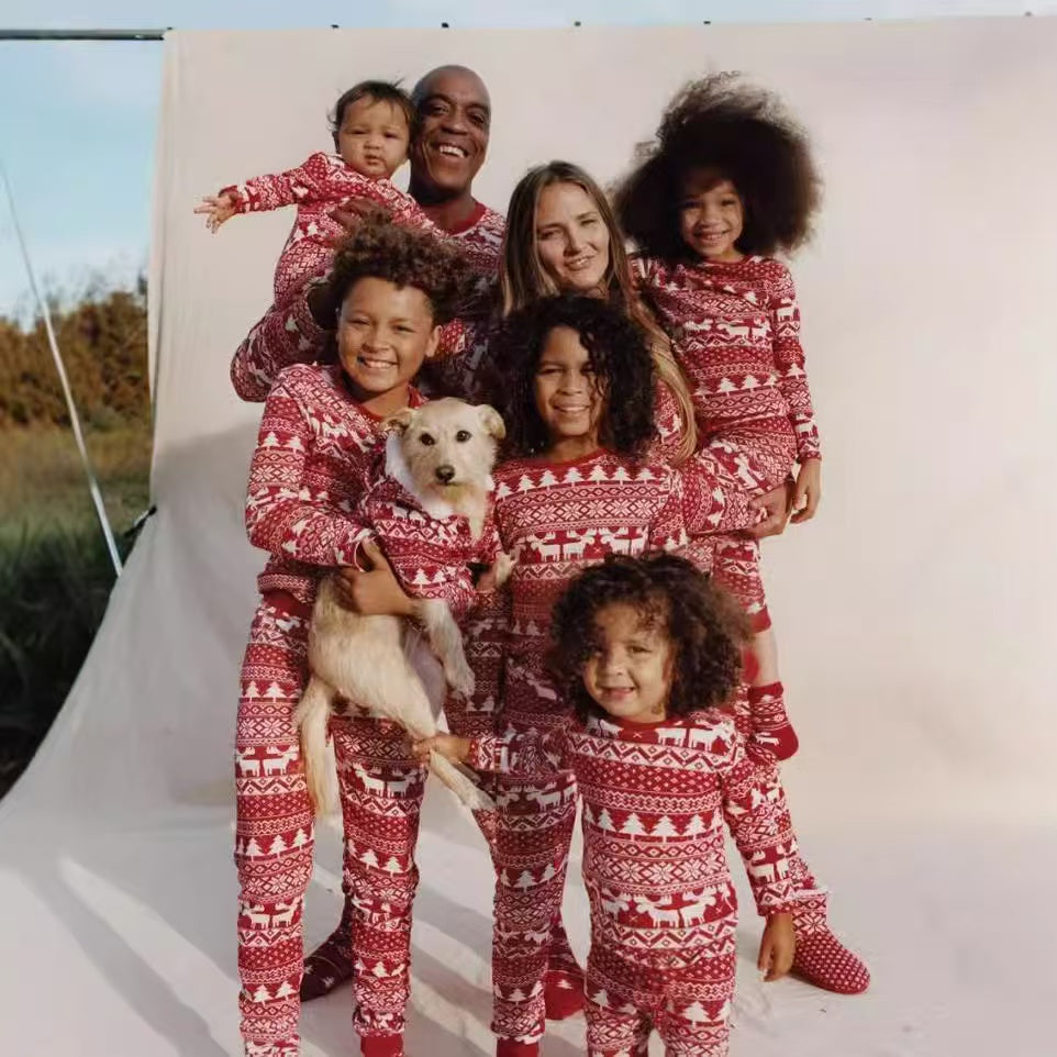Matching family Christmas pajamas in red and white Fair Isle print with reindeer and snowflakes - view 2