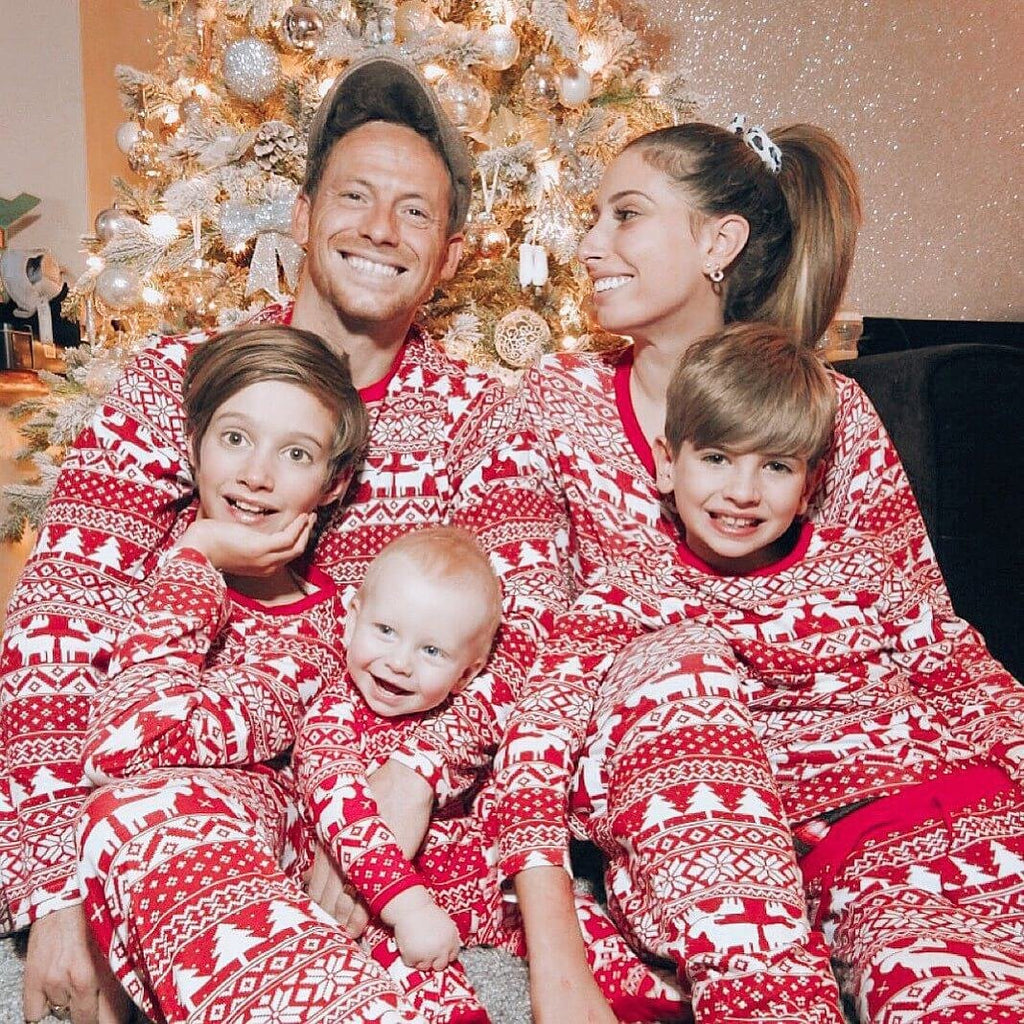 Matching family Christmas pajamas in red and white Fair Isle print with reindeer and snowflakes - view 3