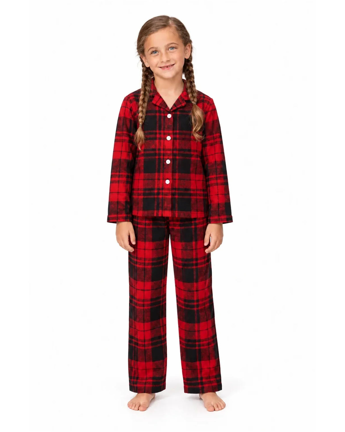 Family wearing matching red and black plaid flannel Christmas pajamas - view 10