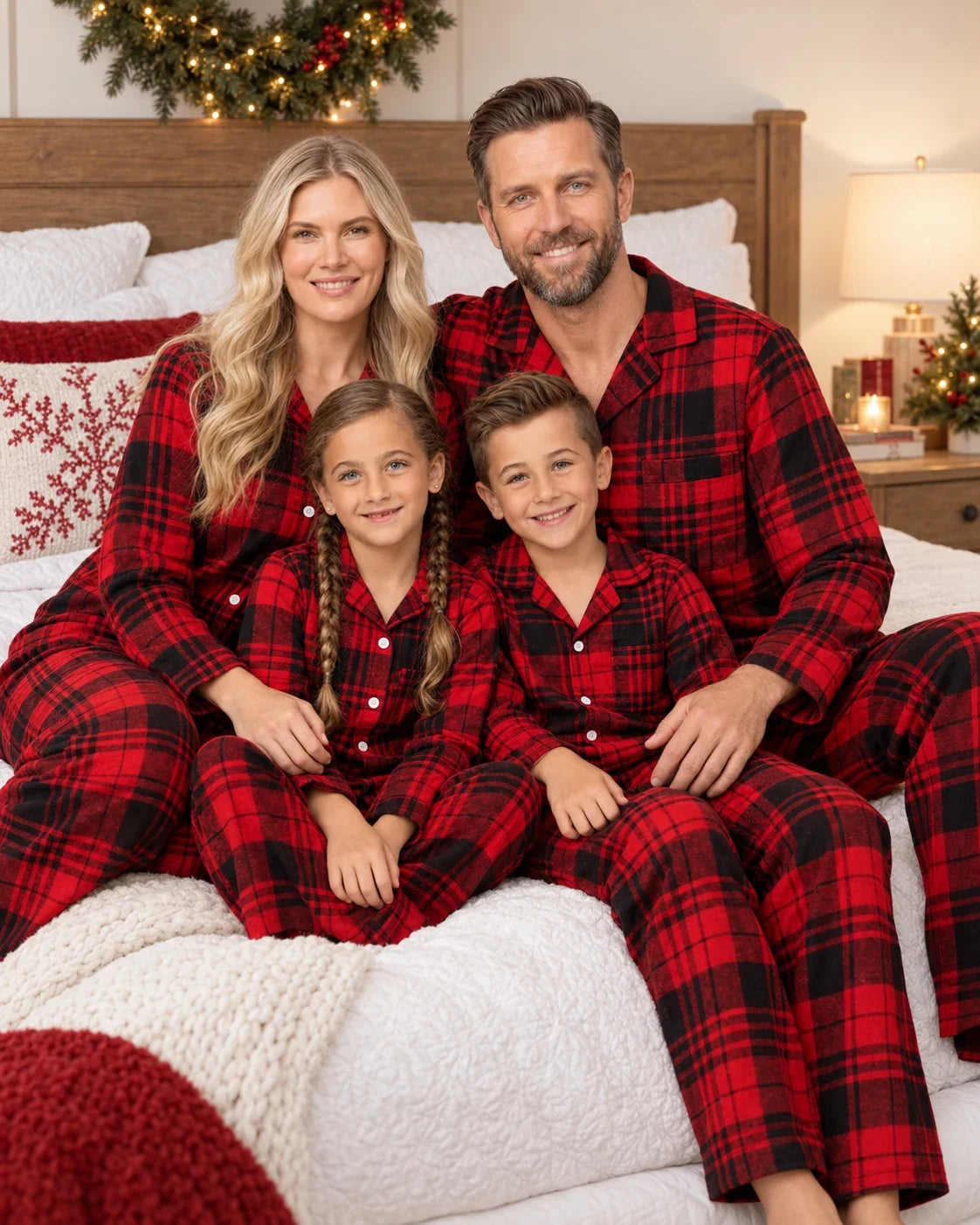 Family wearing matching red and black plaid flannel Christmas pajamas - view 13