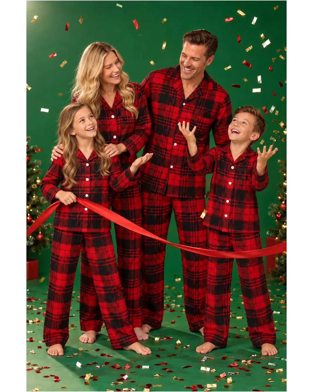 Family wearing matching red and black plaid flannel Christmas pajamas - view 14