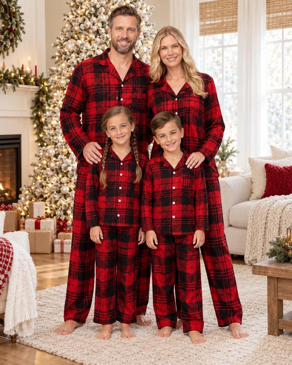Family wearing matching red and black plaid flannel Christmas pajamas - view 15