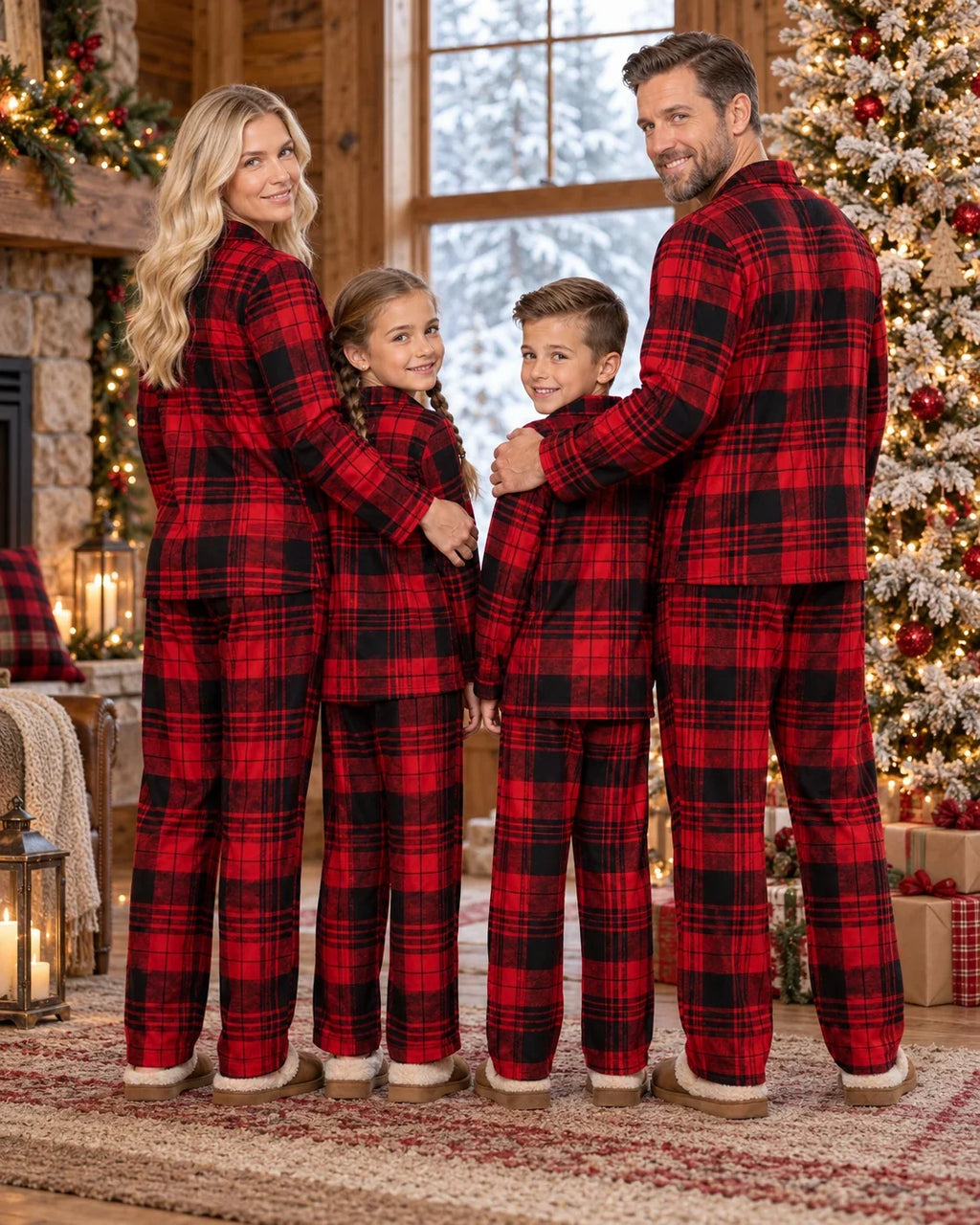 Family wearing matching red and black plaid flannel Christmas pajamas - view 16