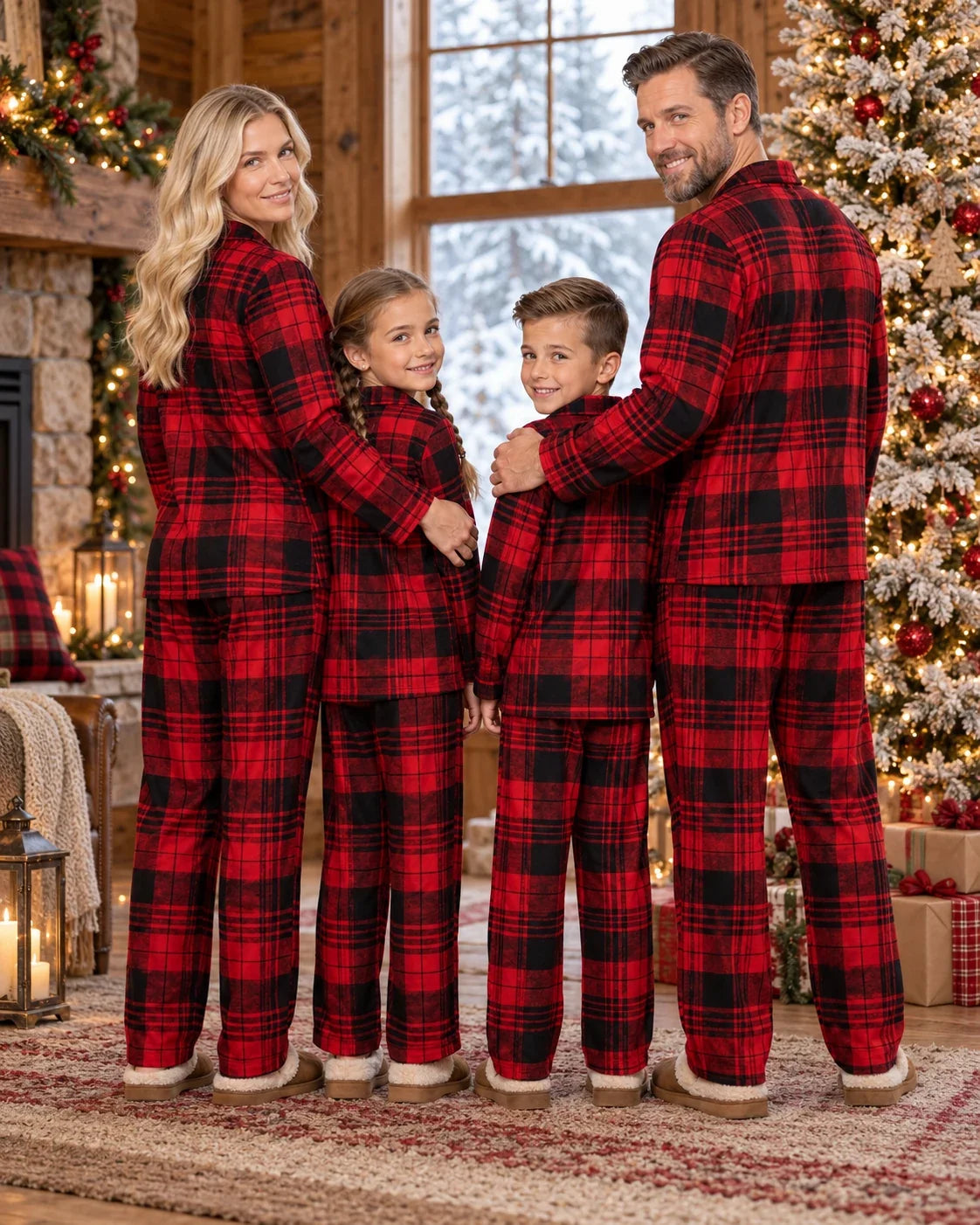 Family wearing matching red and black plaid flannel Christmas pajamas - view 16