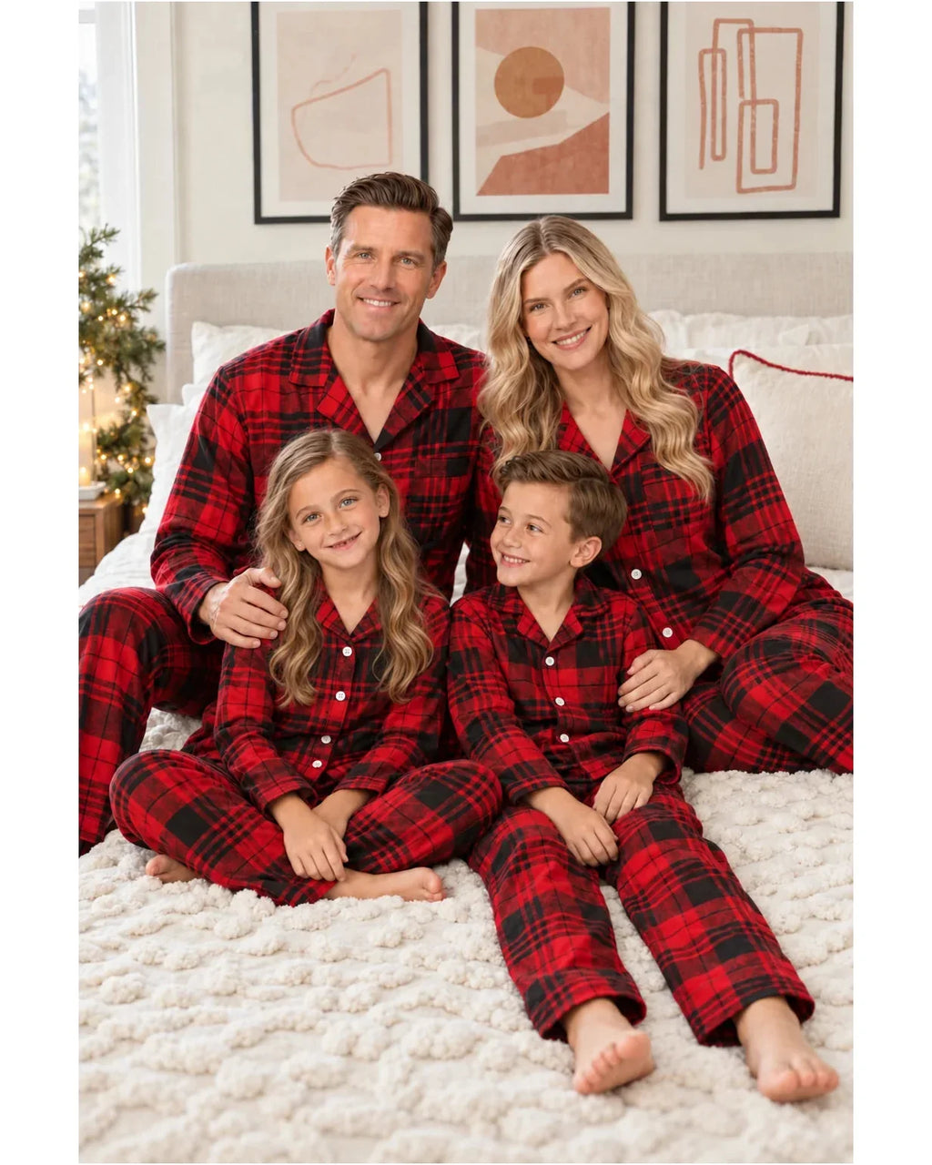 Family wearing matching red and black plaid flannel Christmas pajamas - view 17