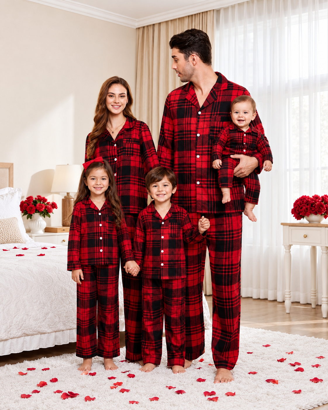 Family wearing matching red and black plaid flannel Christmas pajamas - view 18