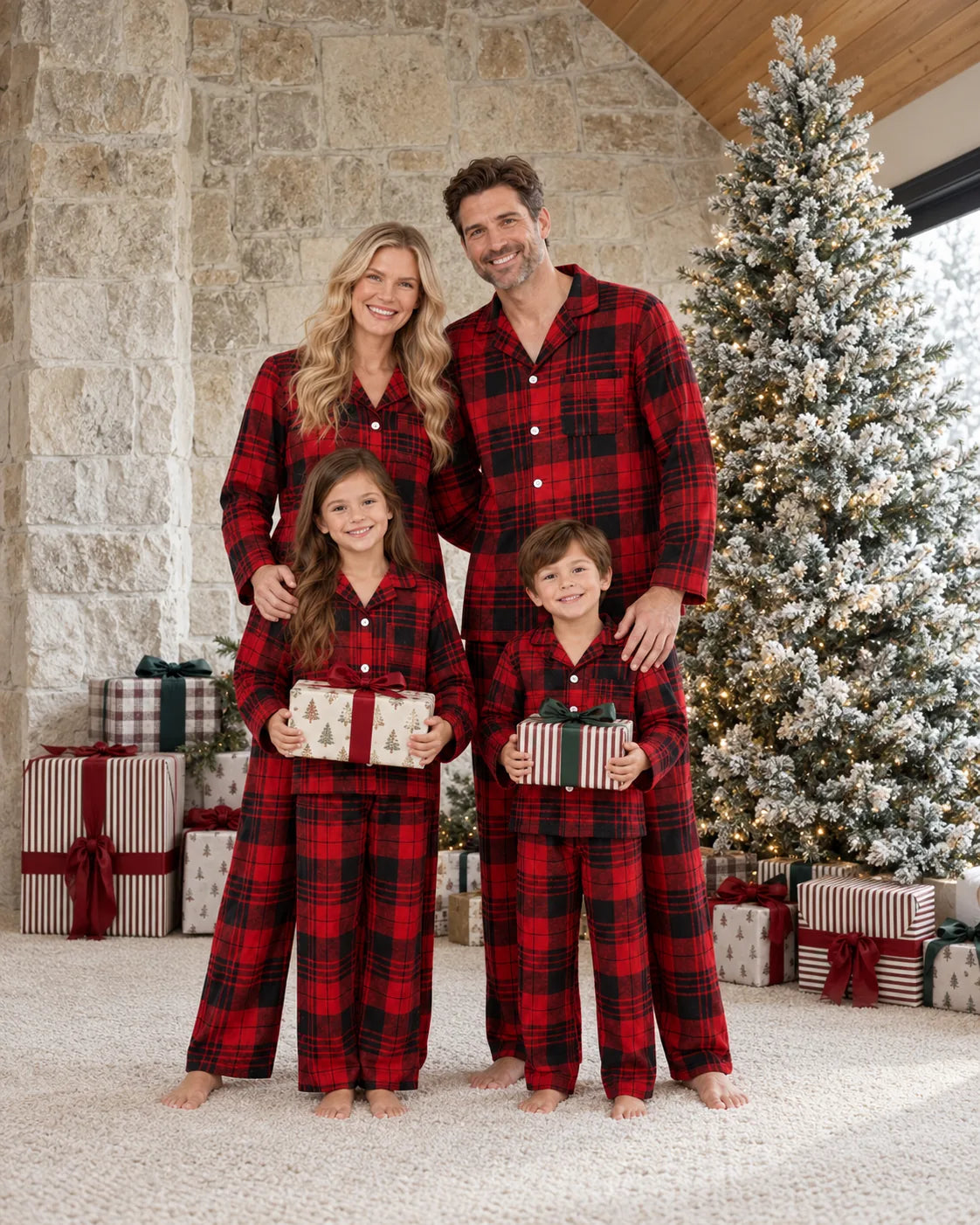 Family wearing matching red and black plaid flannel Christmas pajamas - view 2