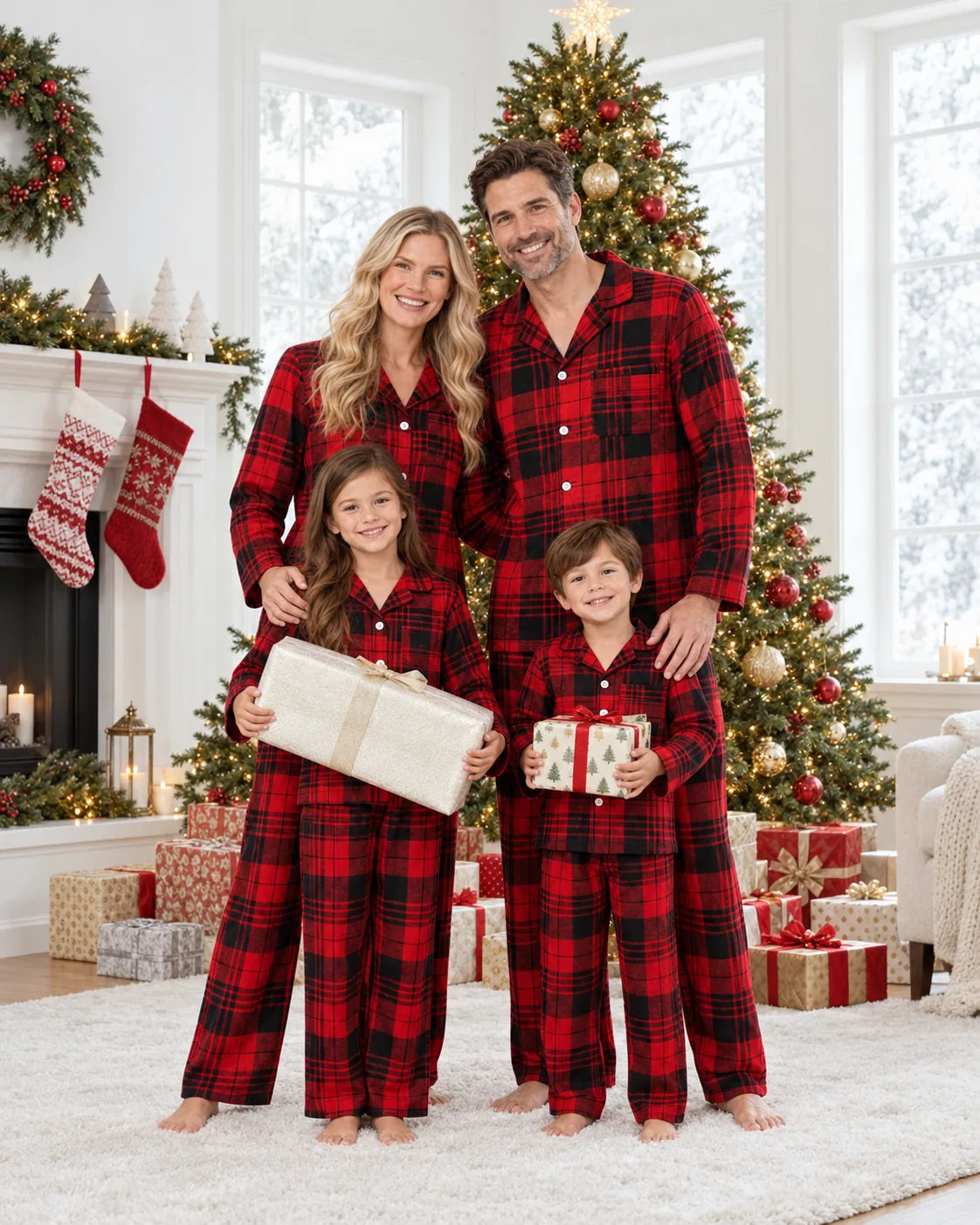 Family wearing matching red and black plaid flannel Christmas pajamas - view 3