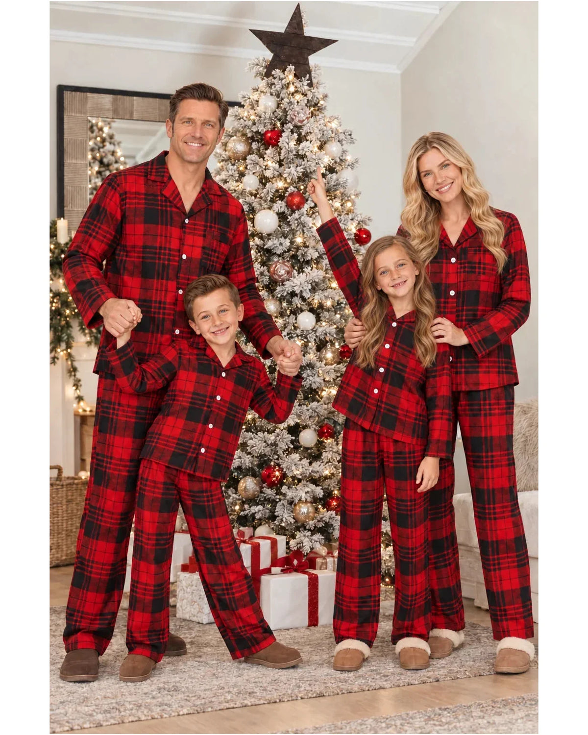 Family wearing matching red and black plaid flannel Christmas pajamas - view 5