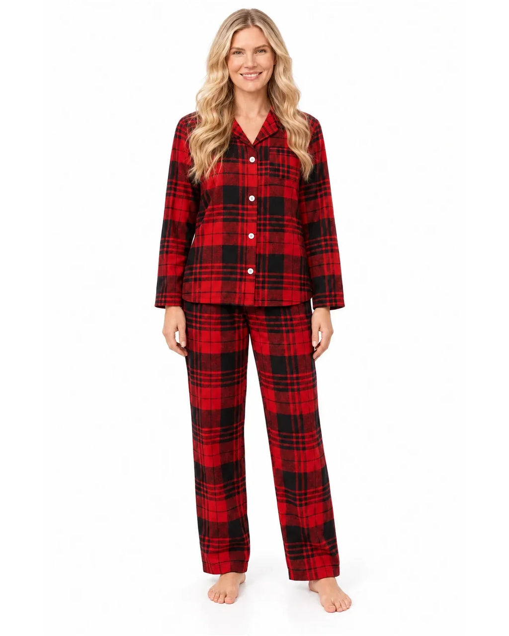 Family wearing matching red and black plaid flannel Christmas pajamas - view 7