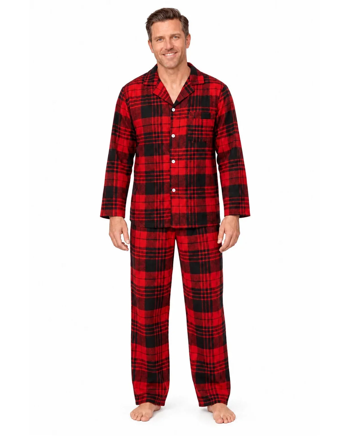 Family wearing matching red and black plaid flannel Christmas pajamas - view 8