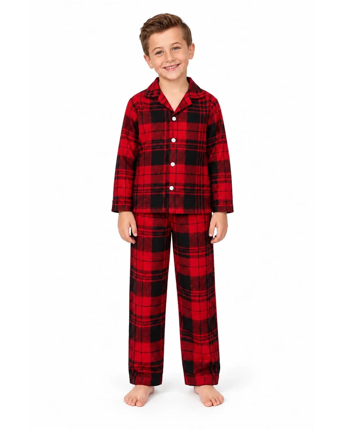 Family wearing matching red and black plaid flannel Christmas pajamas - view 9