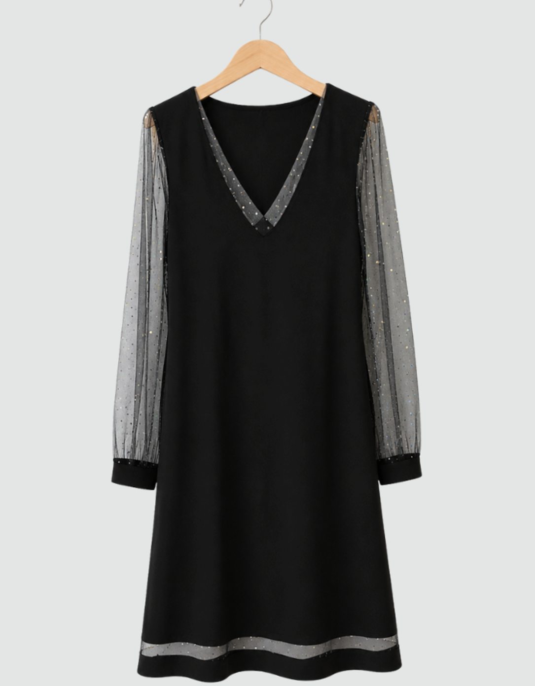 Long sleeve mini dress with sheer glitter mesh sleeves and V-neck - view 4